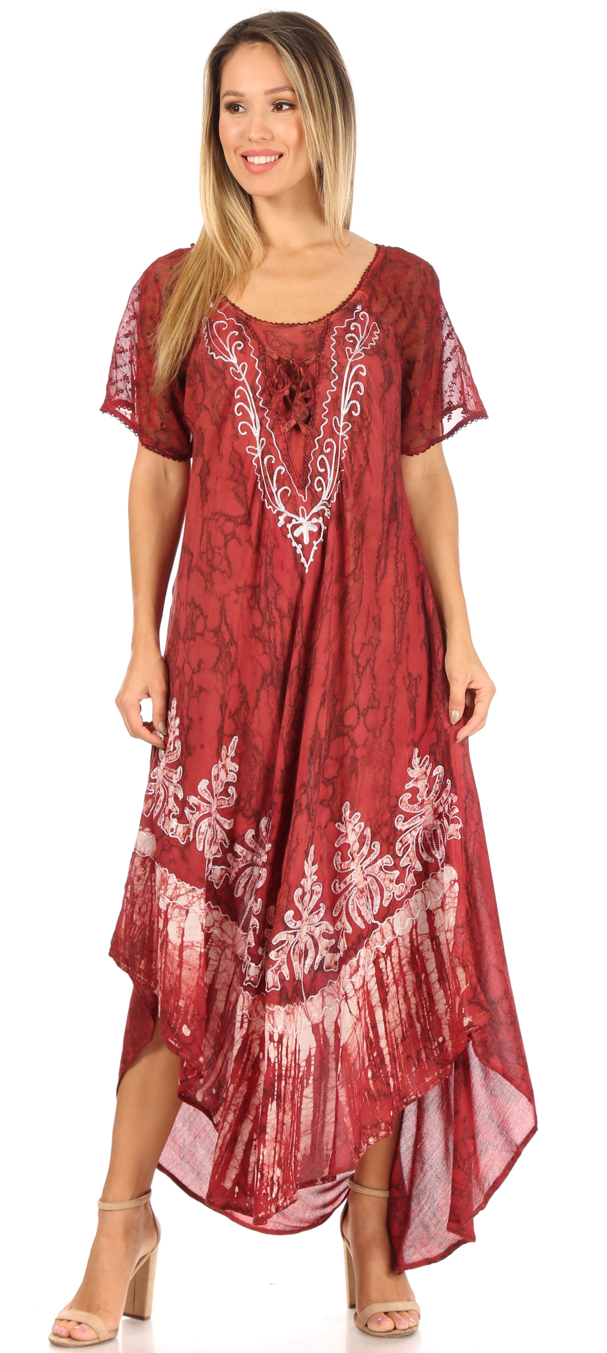 Woman wearing a red floral dress on a white background
