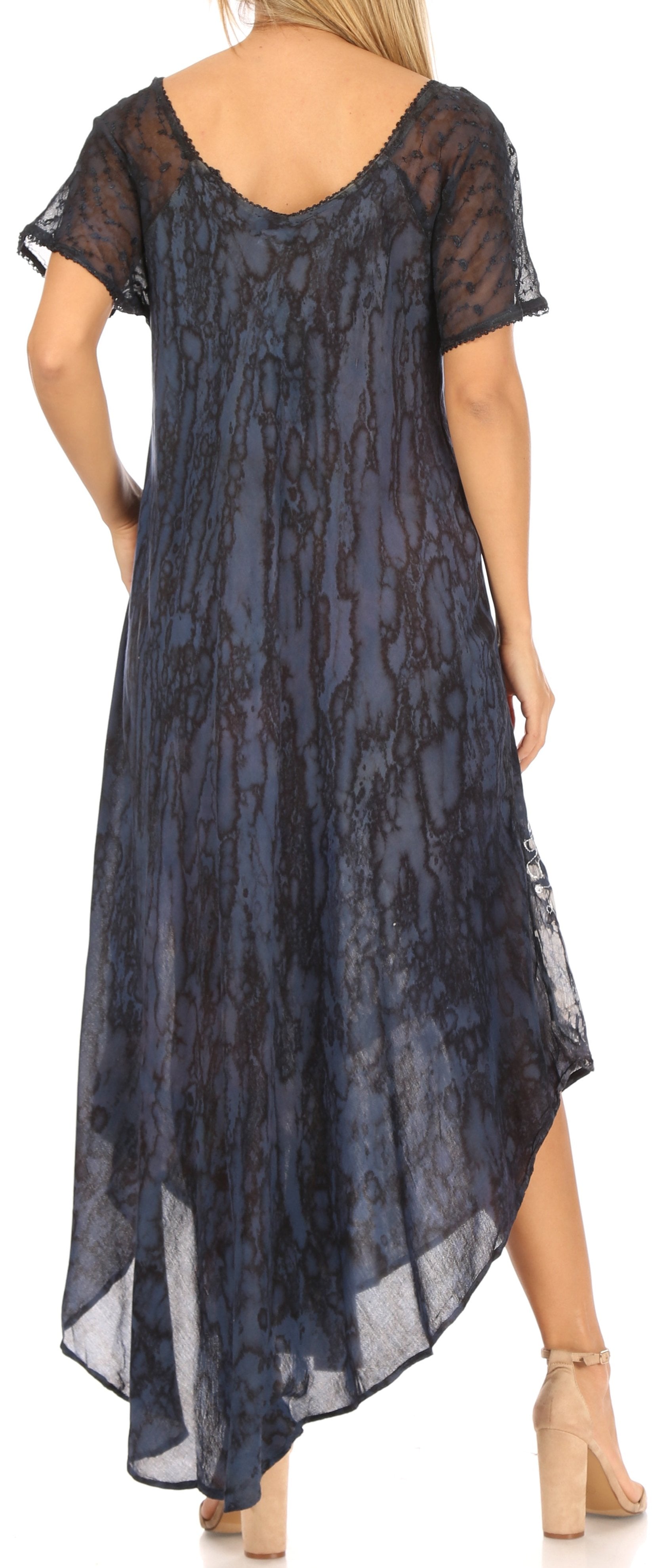 Navy blue patterned dress with a high-low hem on a white background