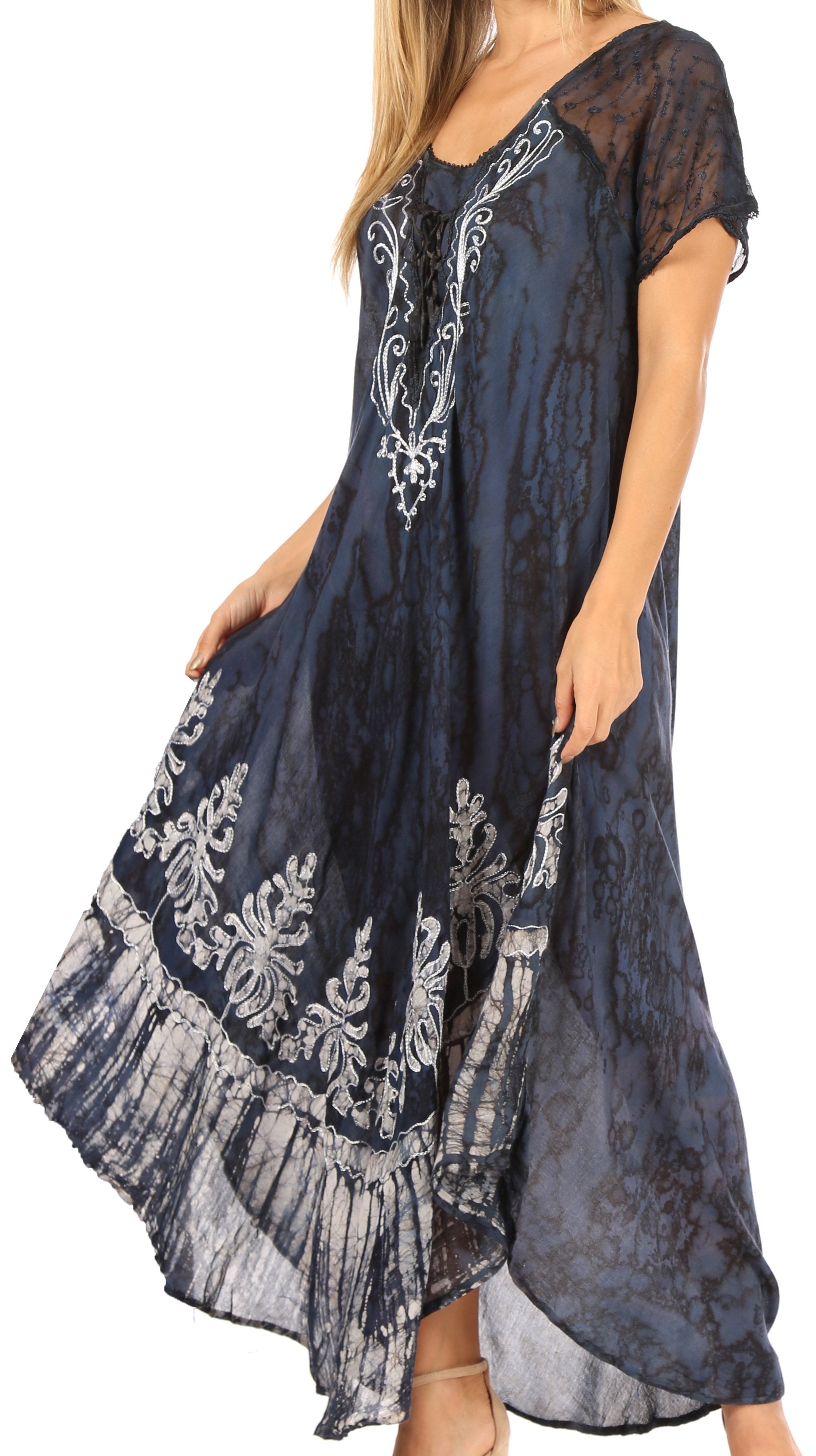 Navy blue dress with white floral embroidery on a white background
