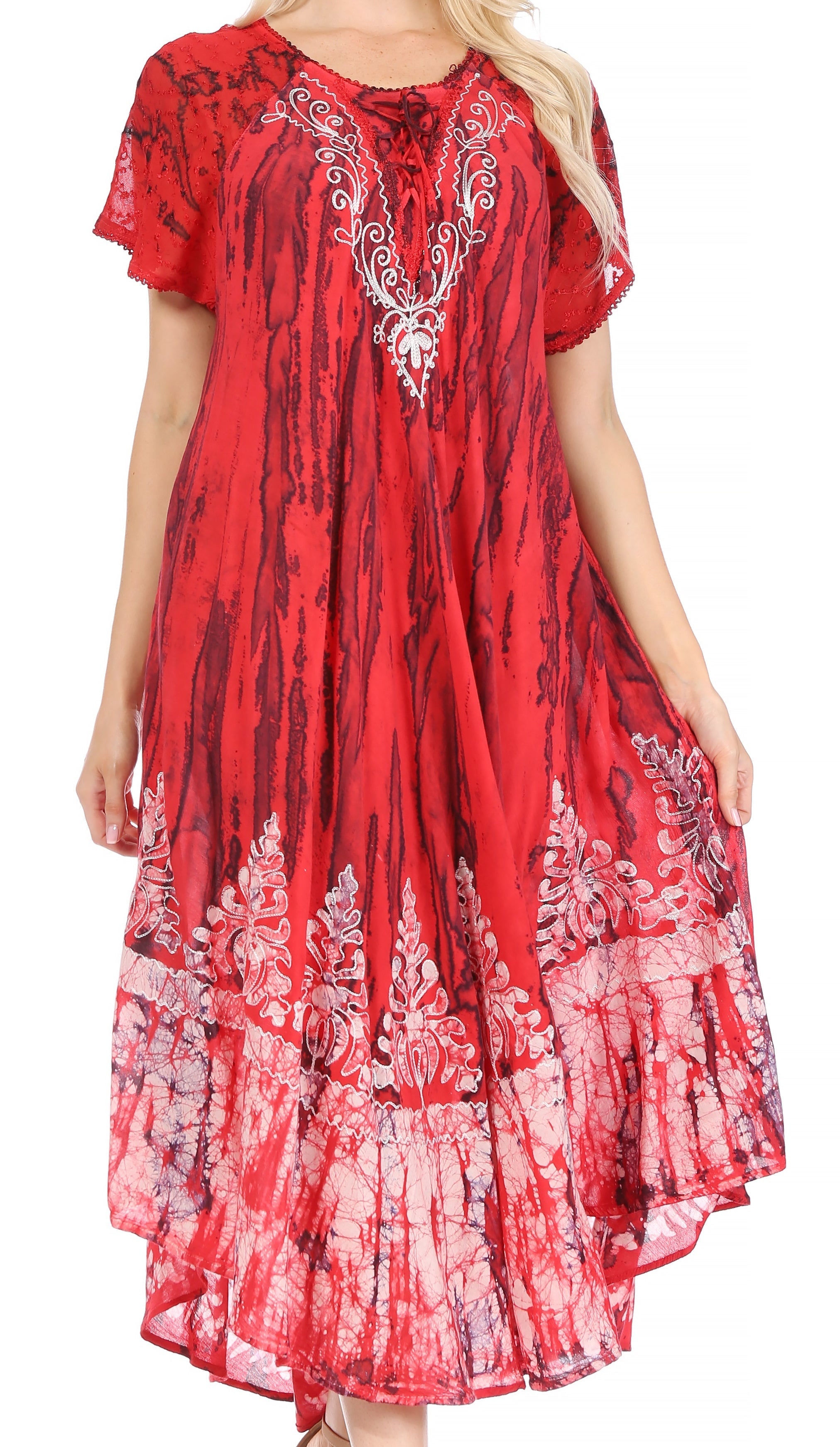 Red dress with white floral patterns on a white background