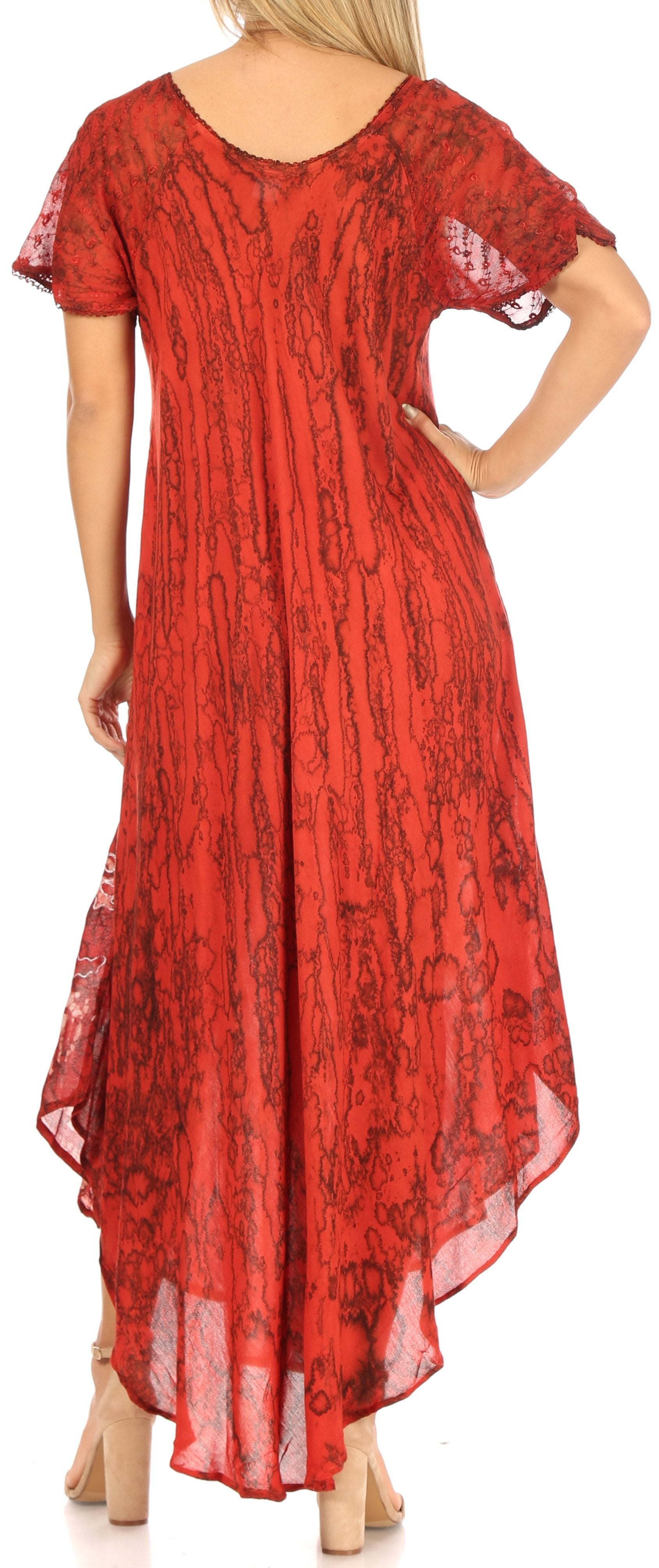 Red patterned dress worn by a person, showing the back view.