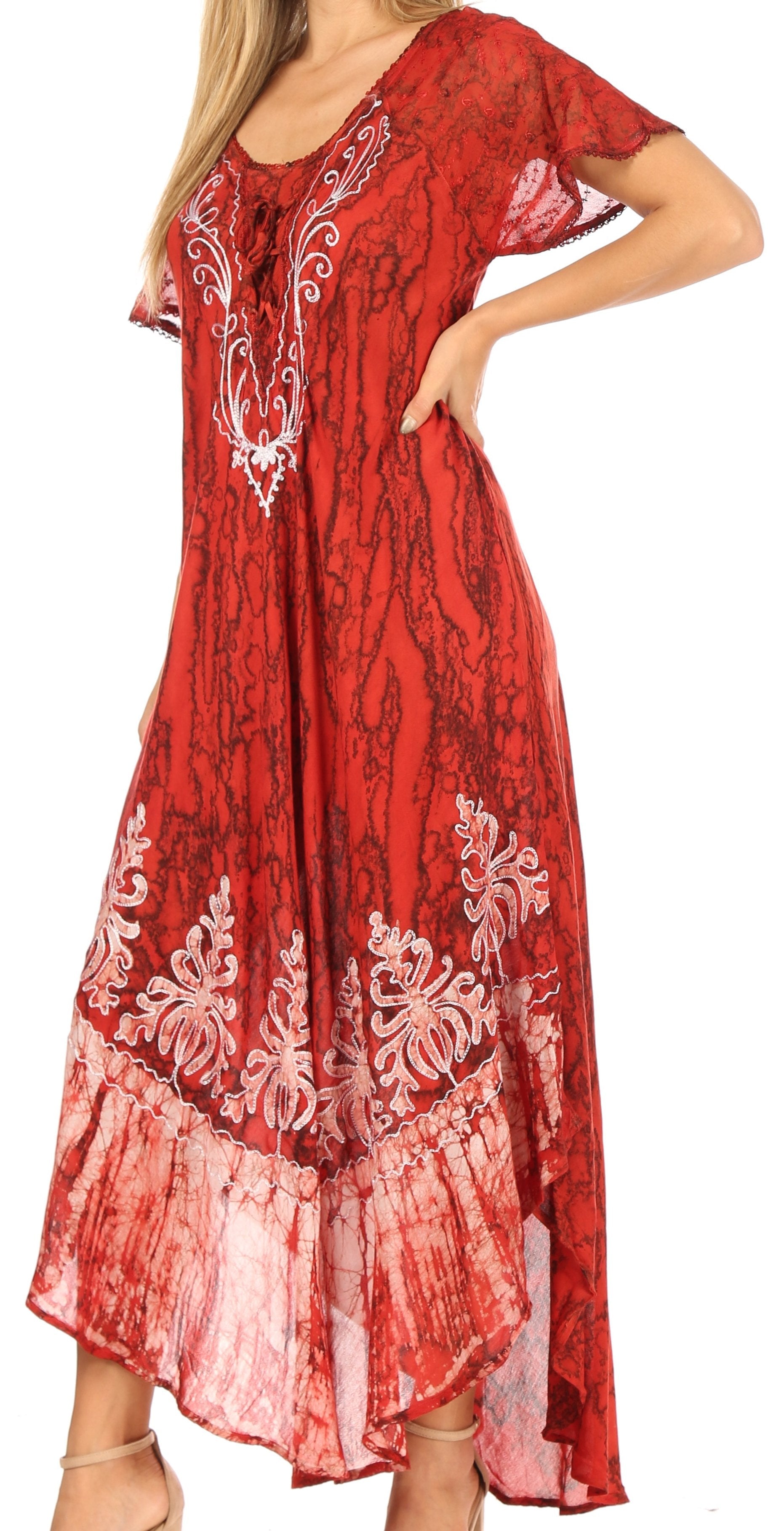Red dress with white patterns on a white background