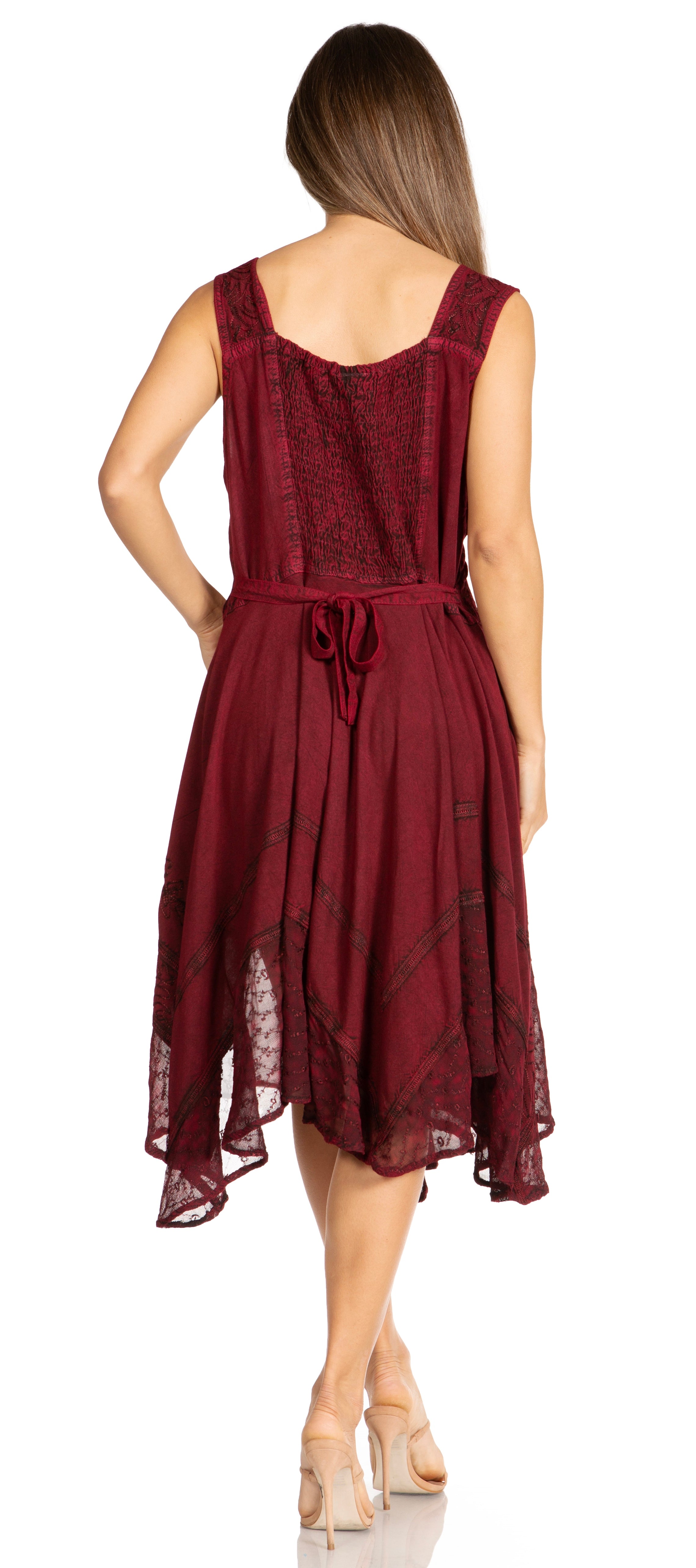 Burgundy dress with lace details on a white background