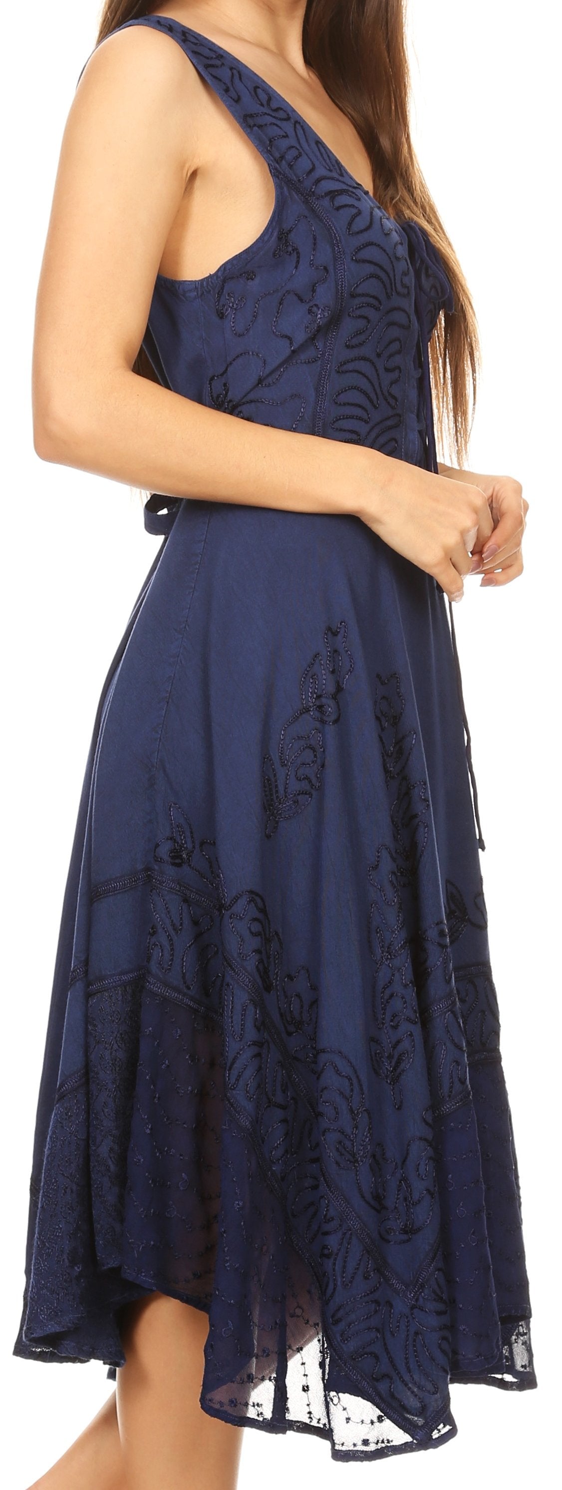 Navy blue lace dress on a white background