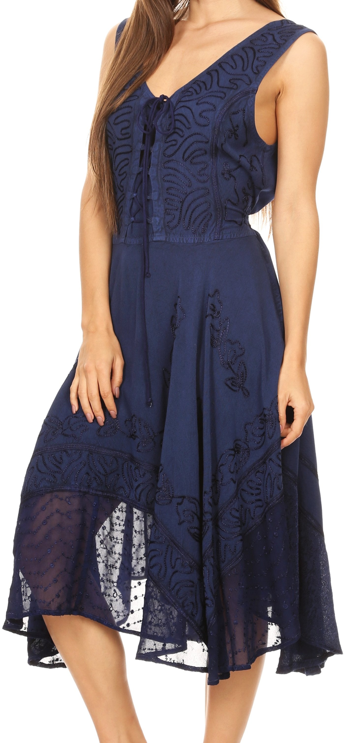 Navy blue lace dress worn by a model on a white background