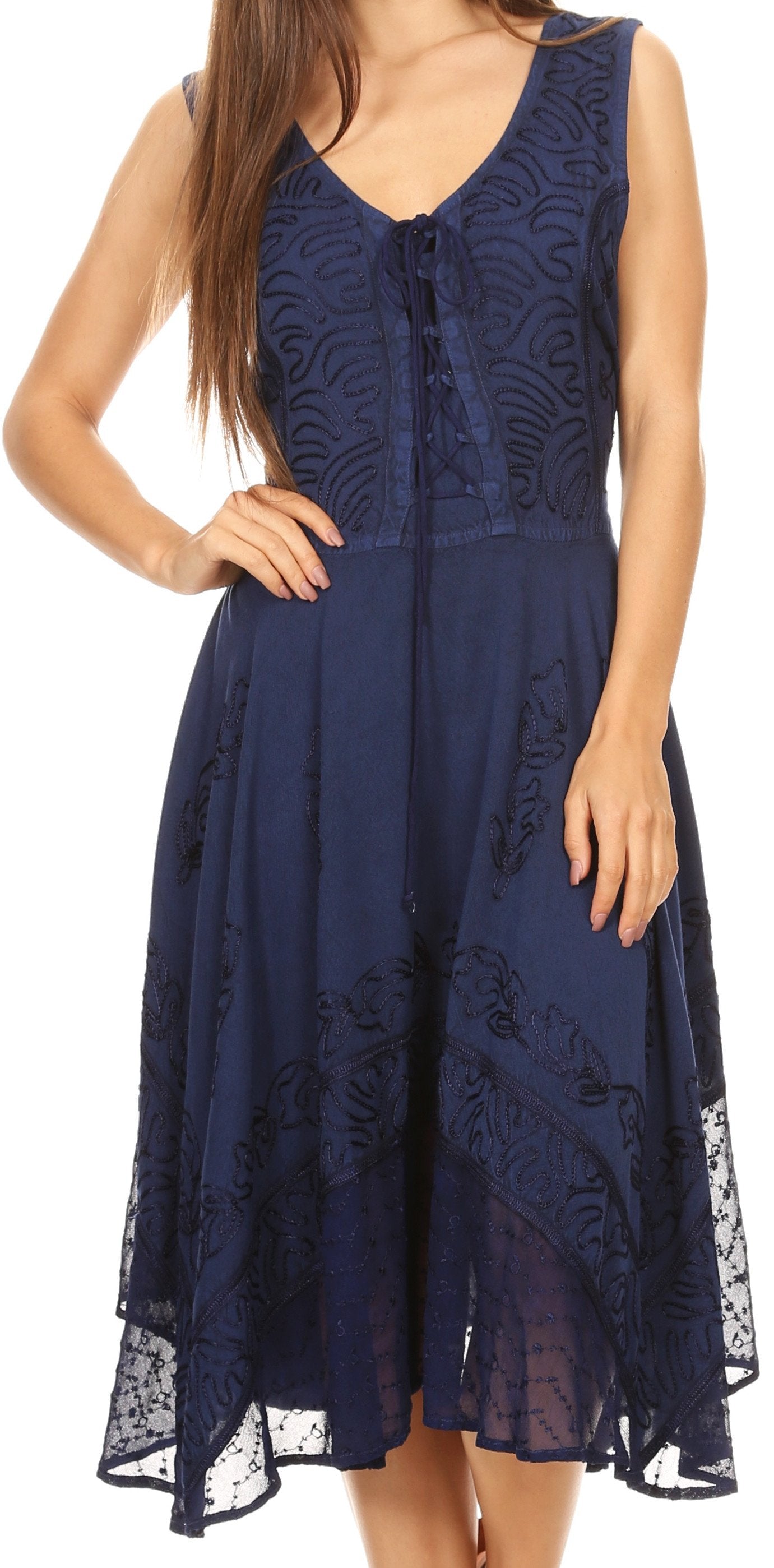 Navy lace dress worn by a model on a white background