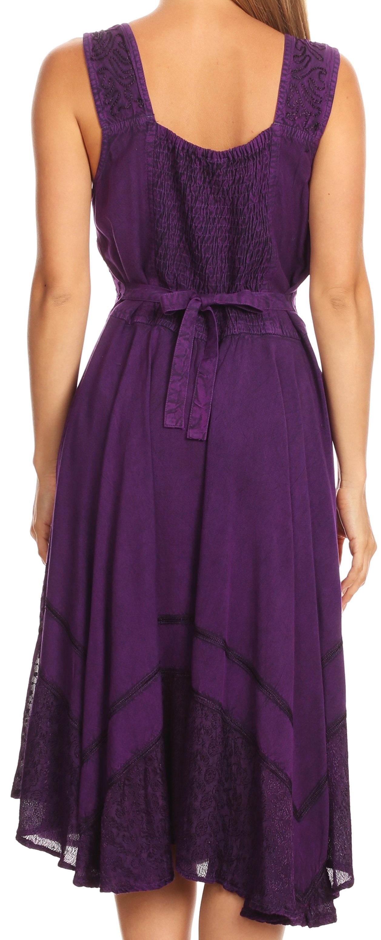 Purple lace dress with a belt on a person, back view