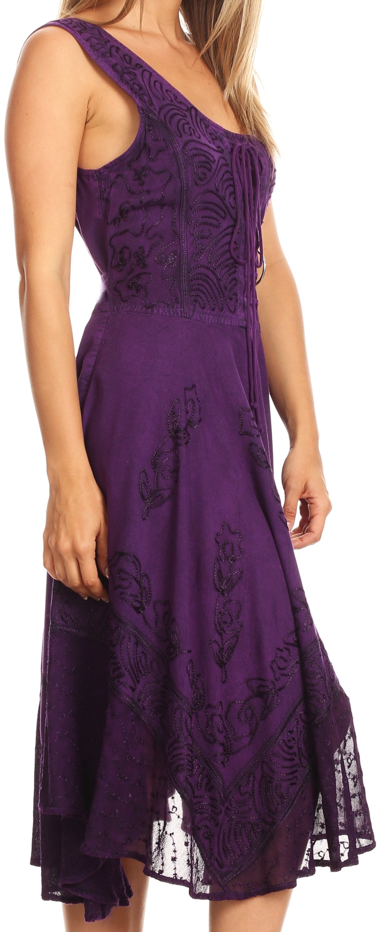 Purple lace dress worn by a model on a white background