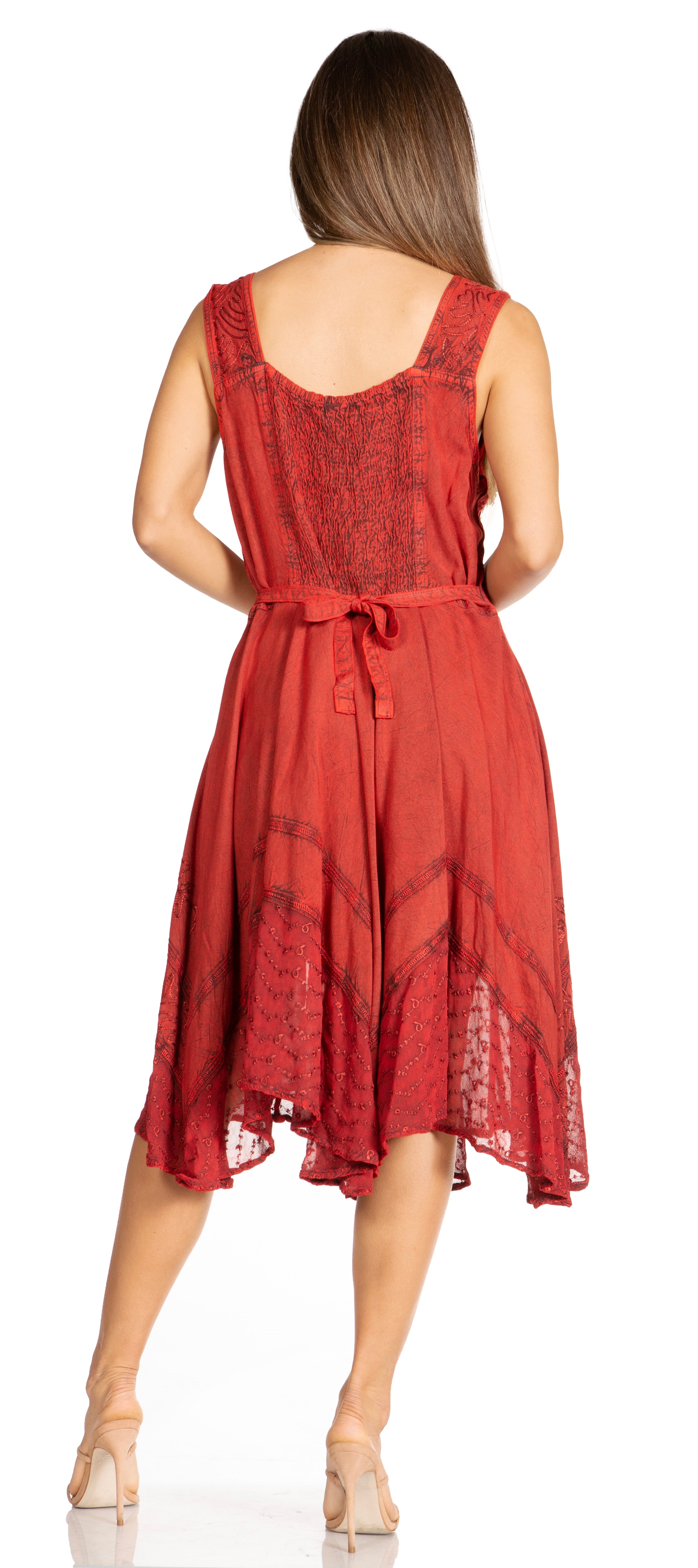 Red lace dress worn by a model on a white background