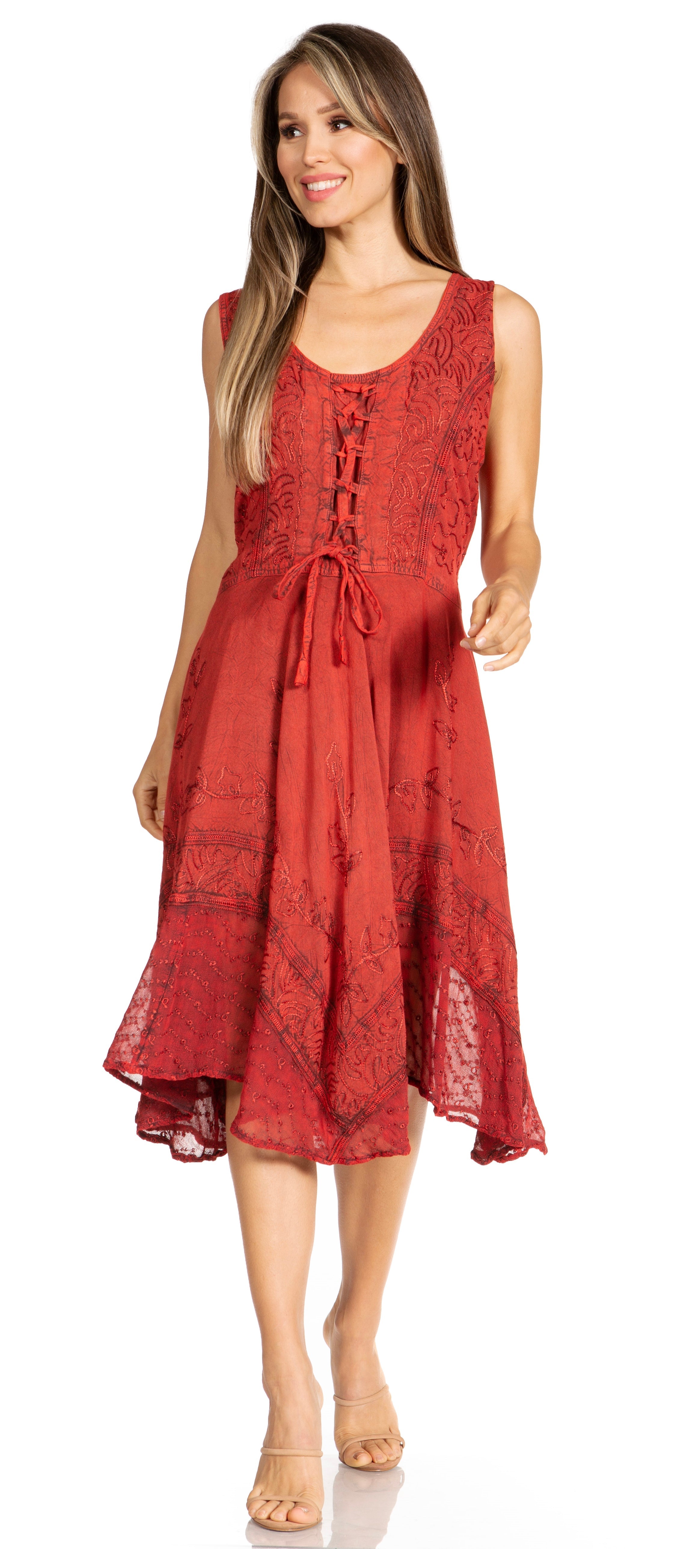 Woman wearing a red lace dress on a white background