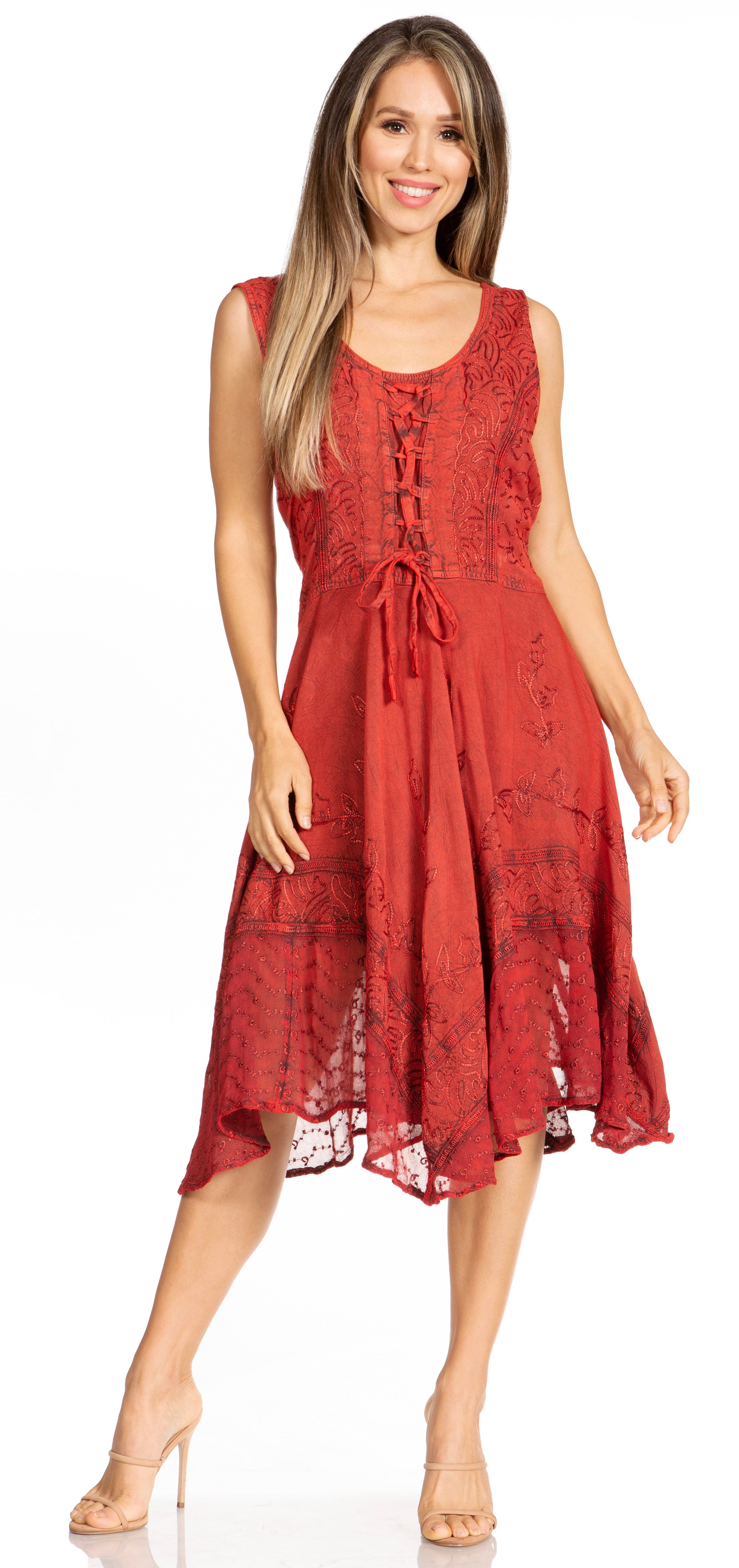 Woman wearing a red lace dress on a white background