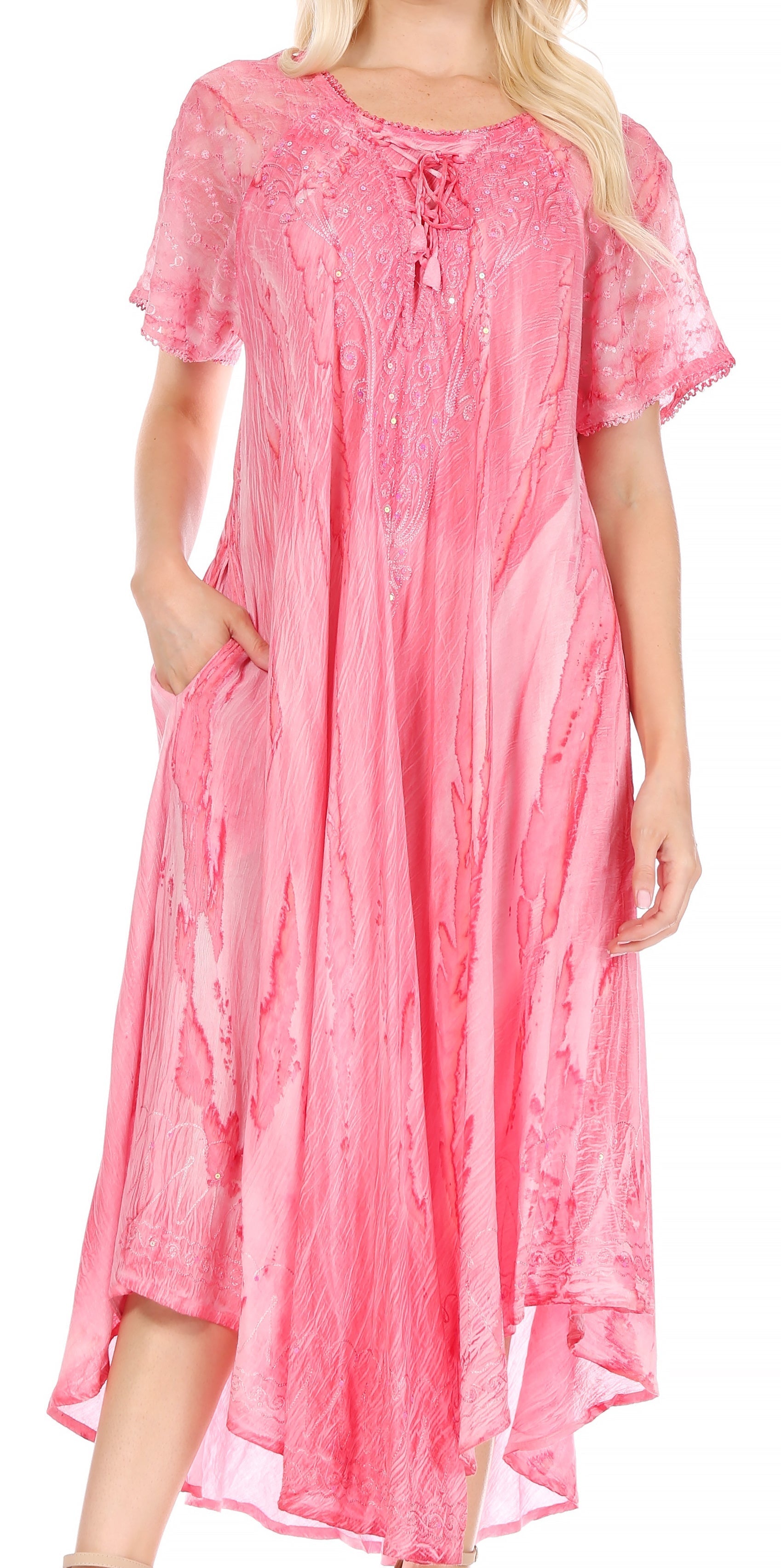 Pink dress with lace details on a white background