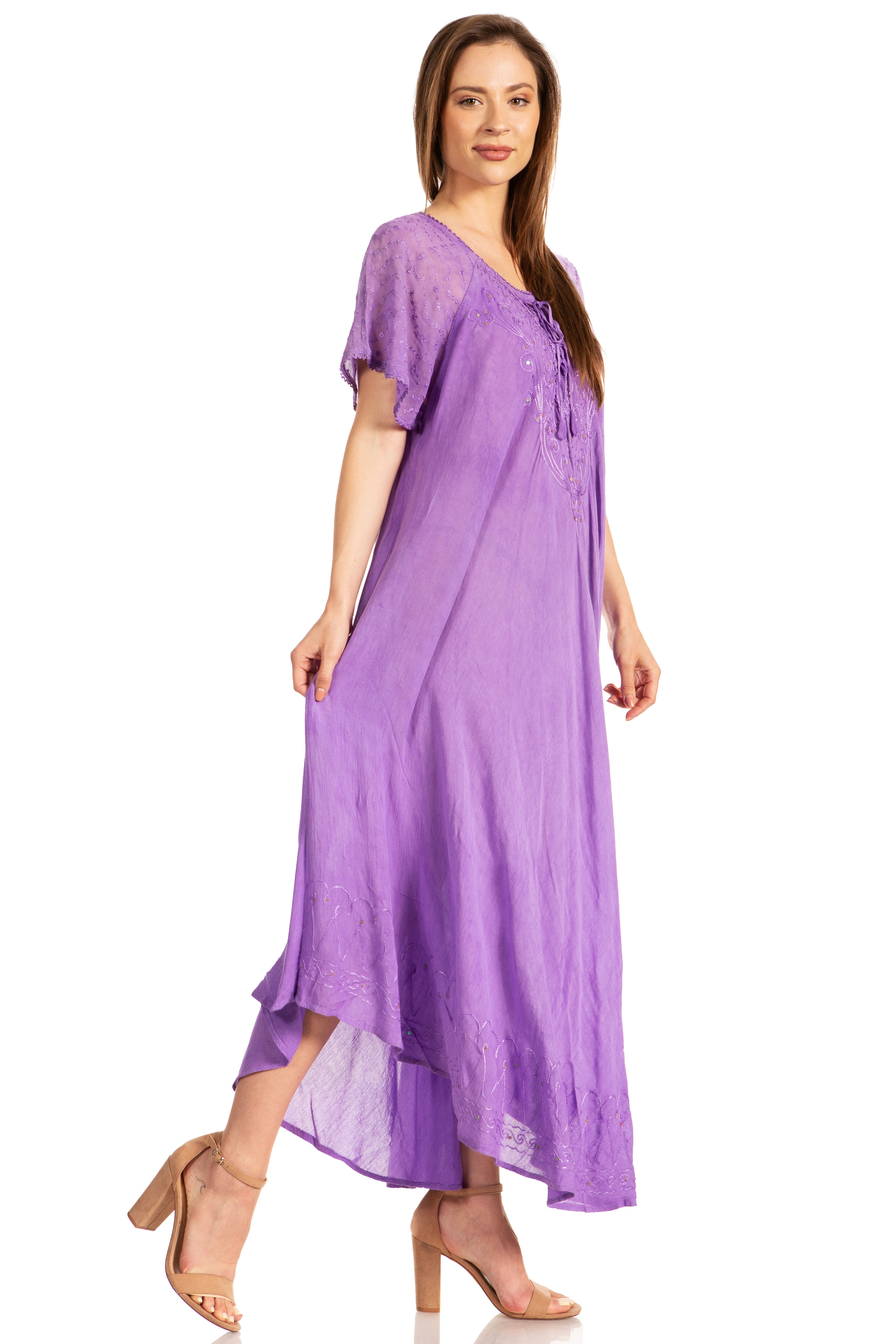 Woman wearing a purple dress on a white background