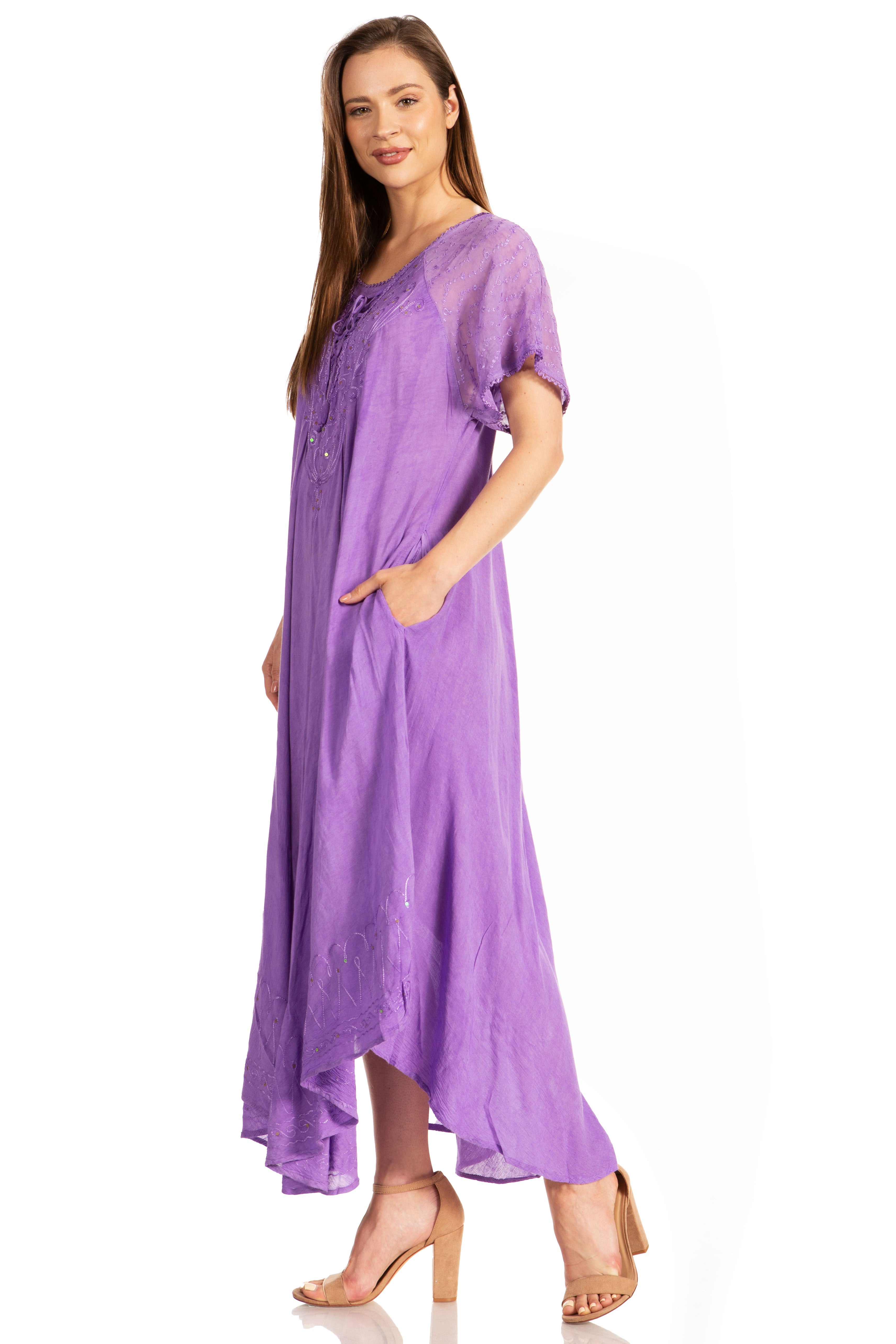 Woman wearing a purple dress on a white background