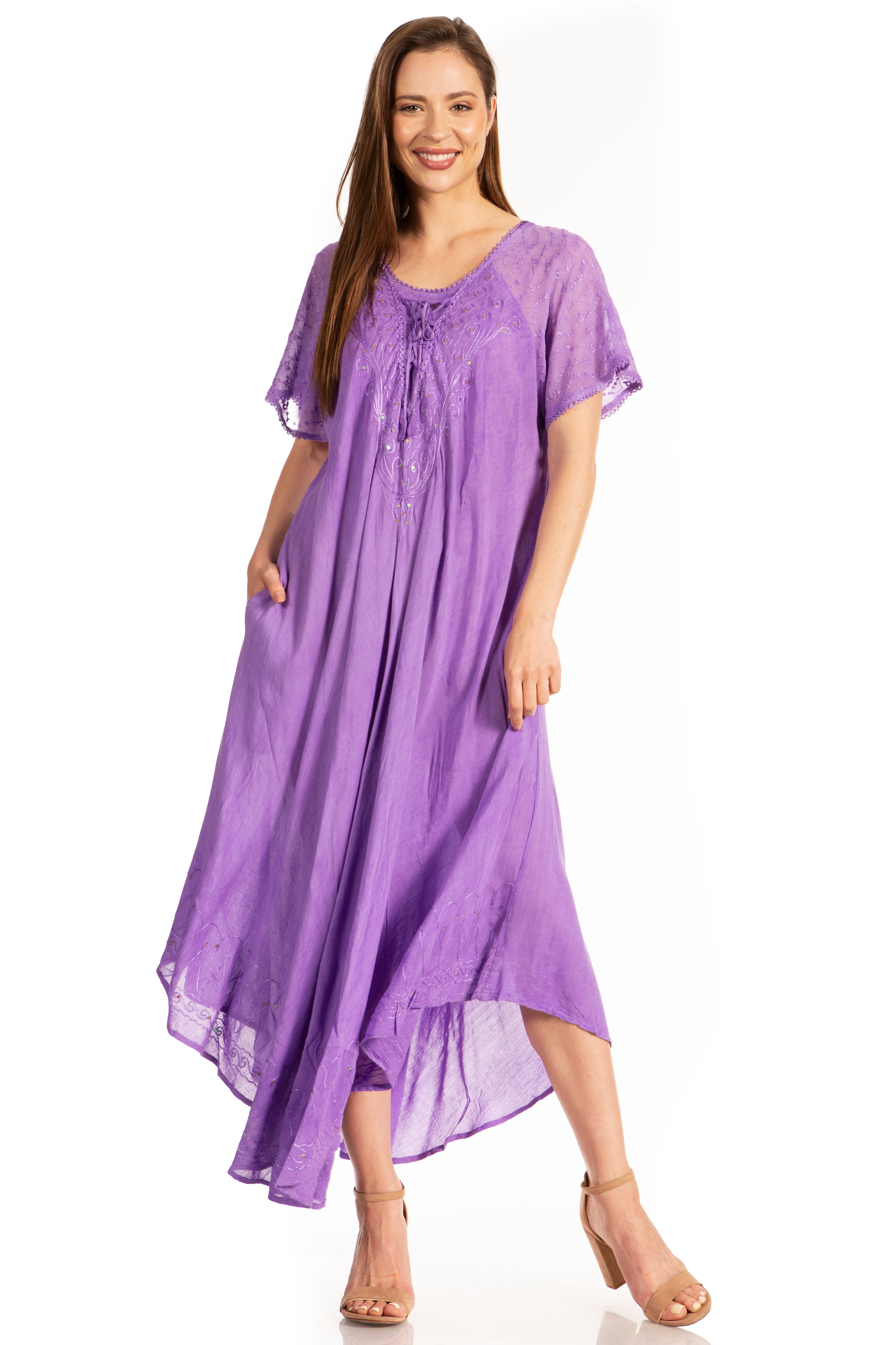 Woman wearing a purple dress on a white background
