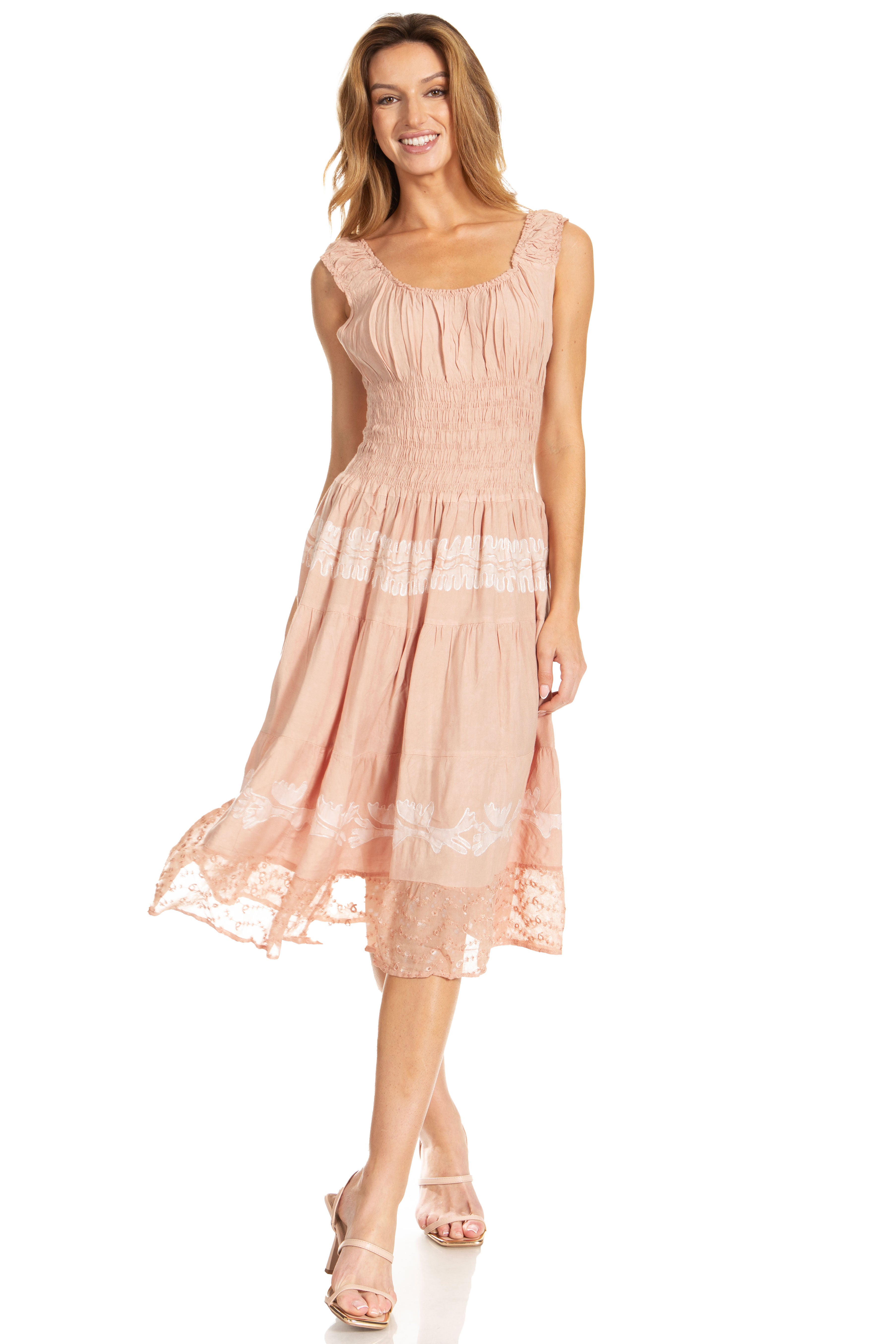 Woman wearing a pink dress on a white background