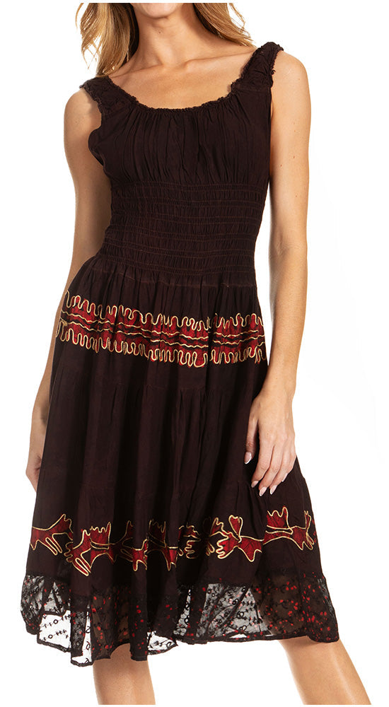 Black dress with red floral embroidery on a white background