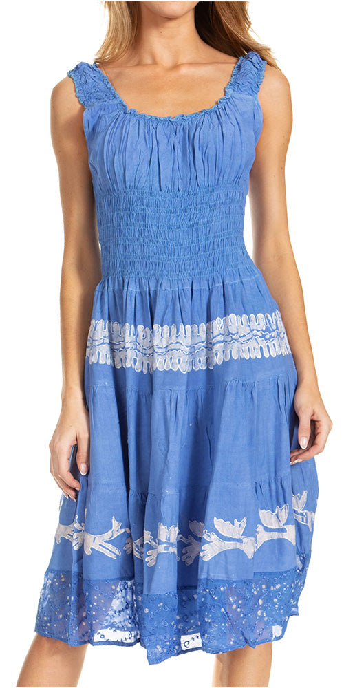 Blue dress with white embroidery on a white background