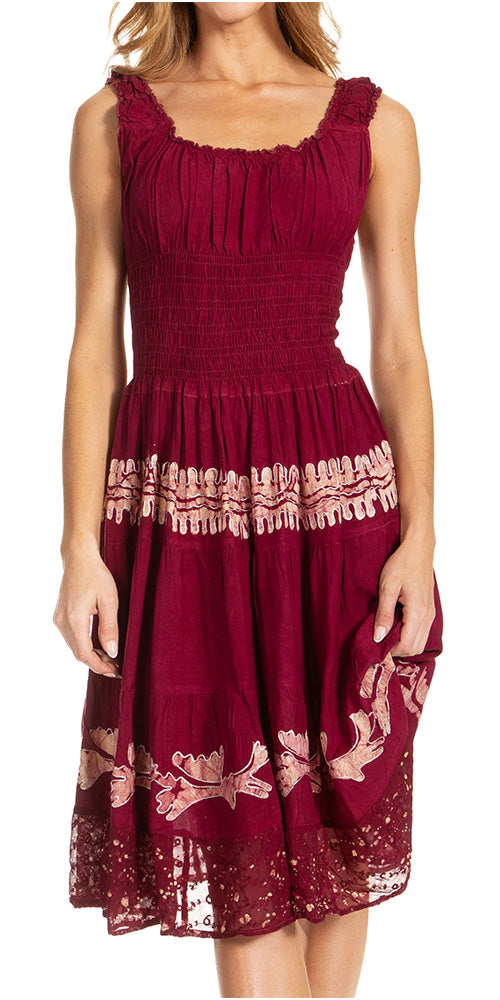 Red dress with floral lace details on a white background