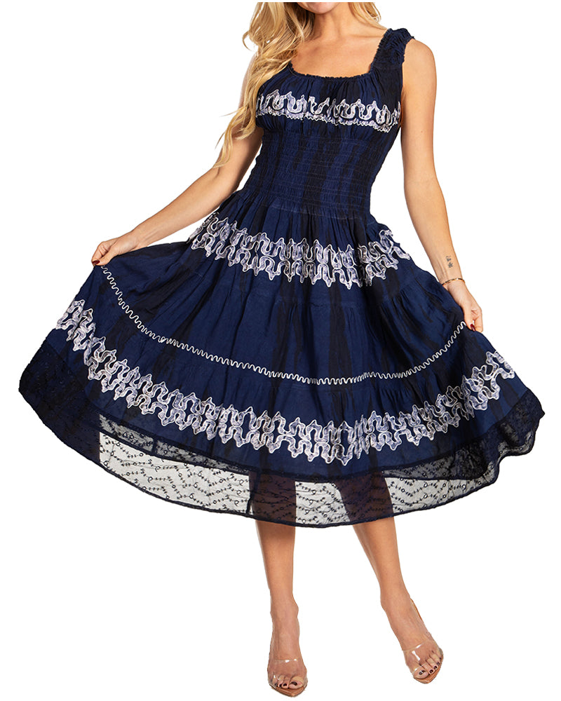 Navy blue dress with white lace details on a white background