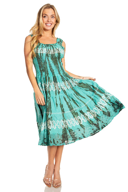 Woman wearing a tie-dye dress on a white background