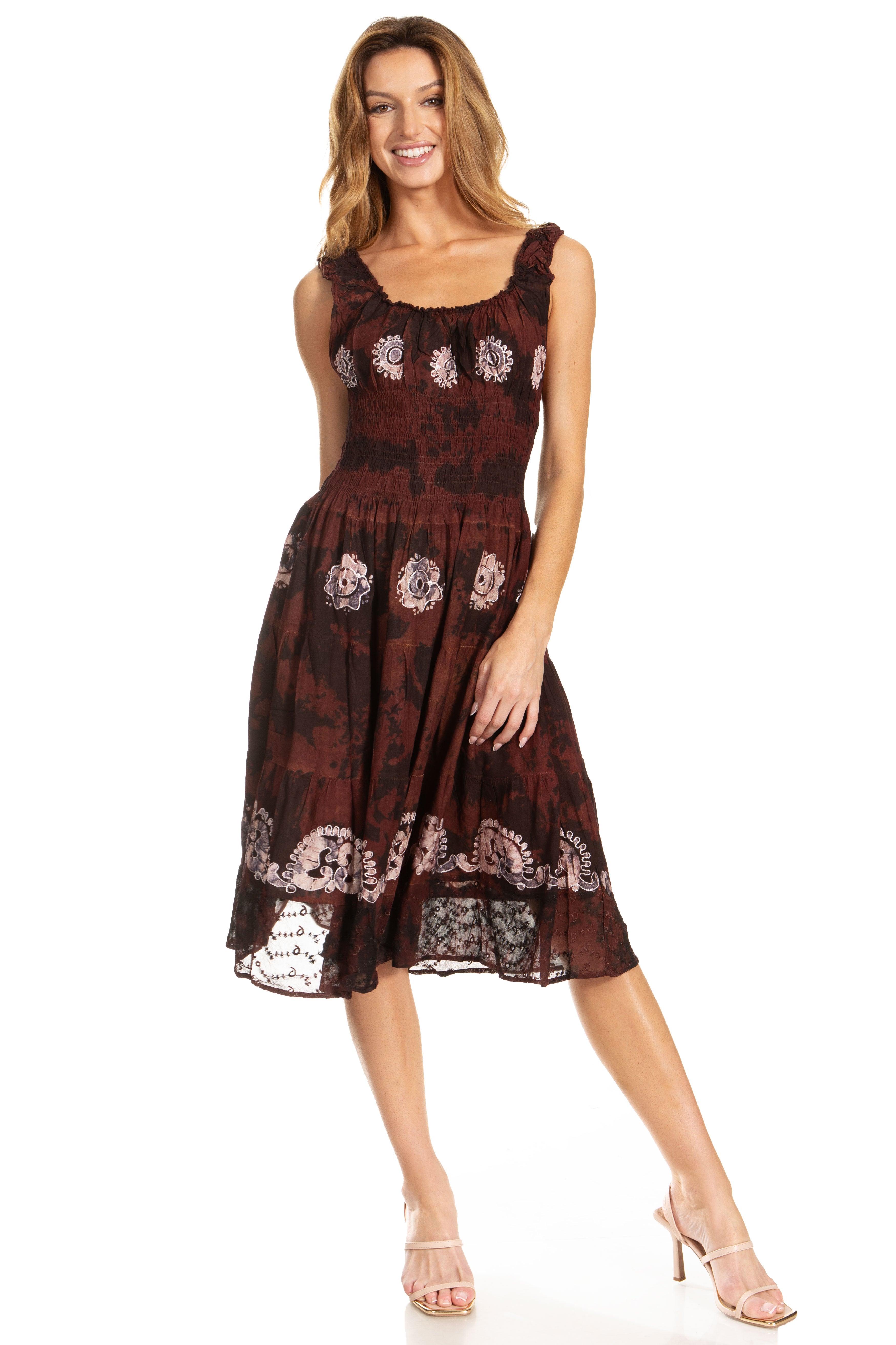Woman wearing a brown floral dress on a white background