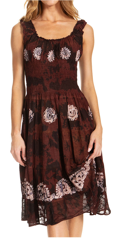 Brown lace dress with floral patterns on a white background