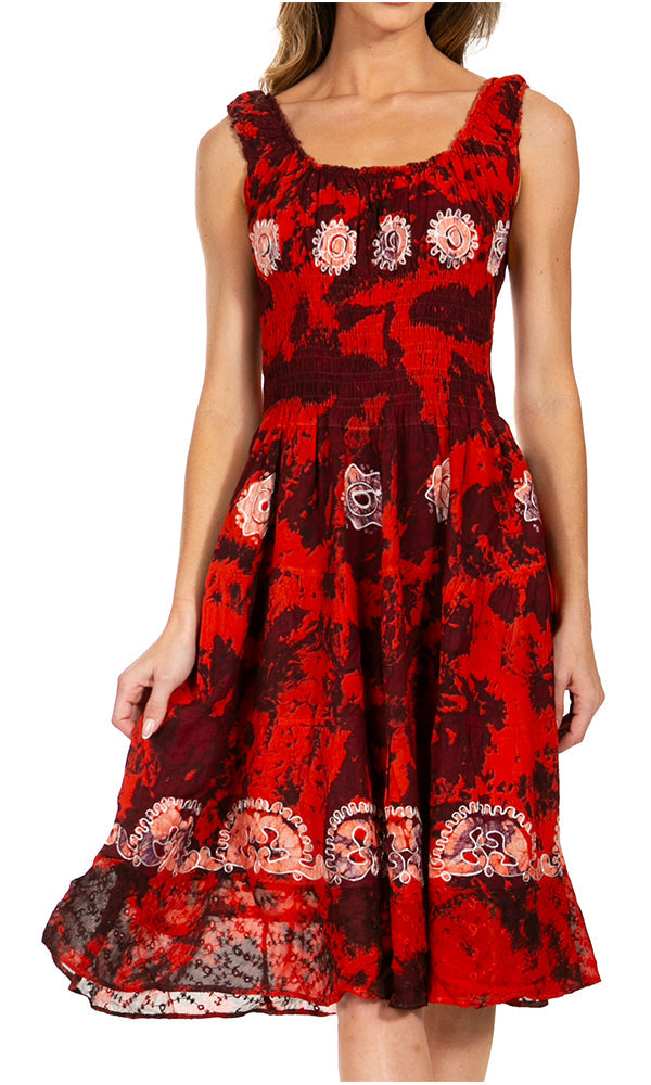 Red floral dress with intricate patterns on a white background