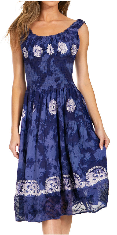 Woman wearing a blue floral dress on a white background