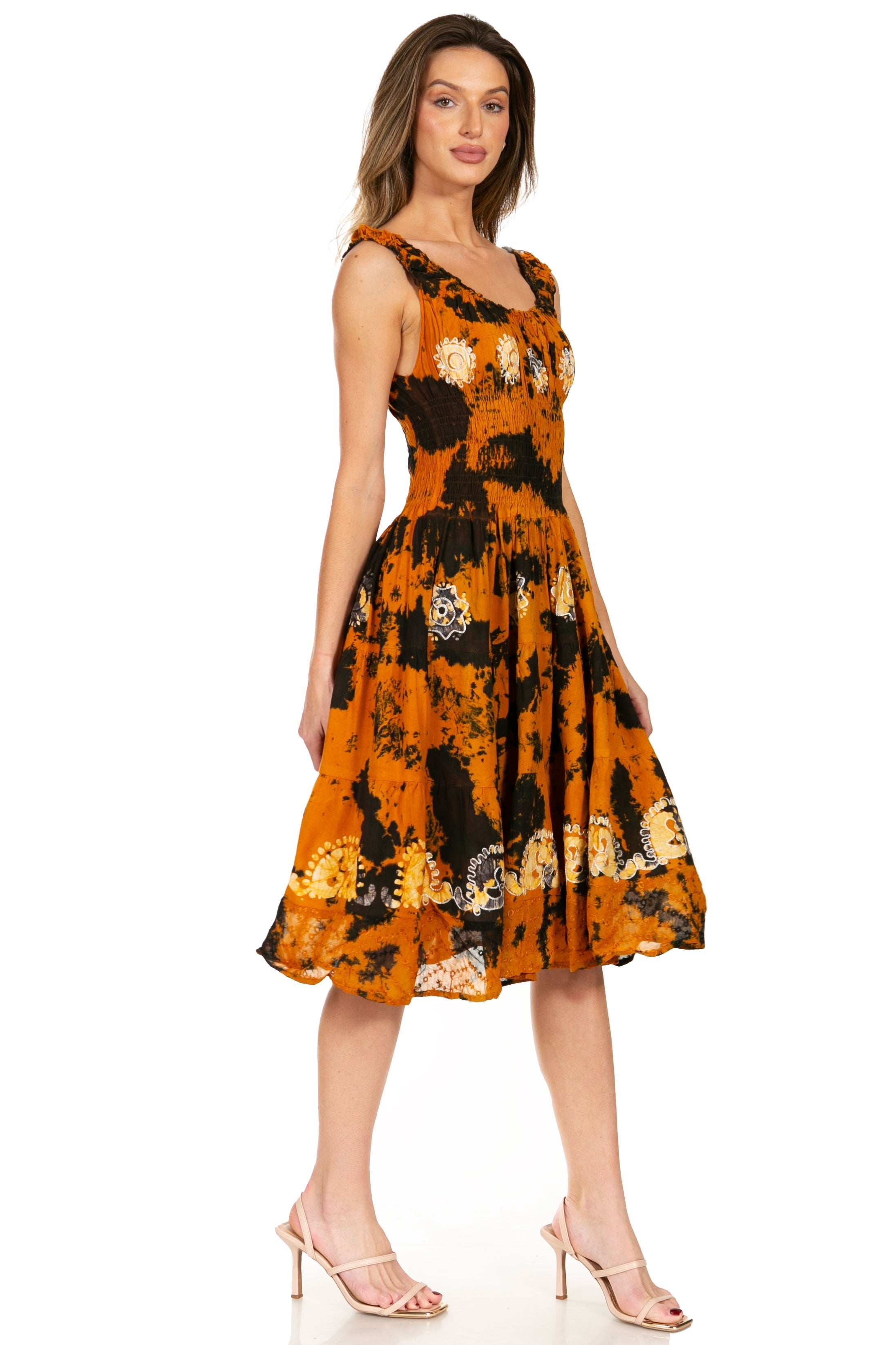 Woman wearing a floral dress with a white background