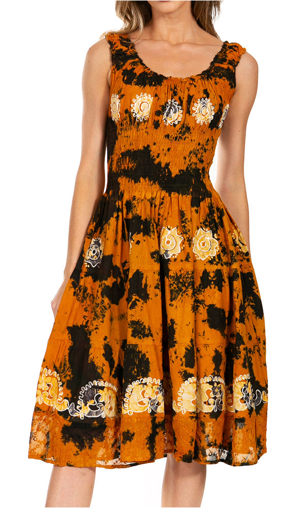Woman wearing a sleeveless dress with a floral pattern on a white background