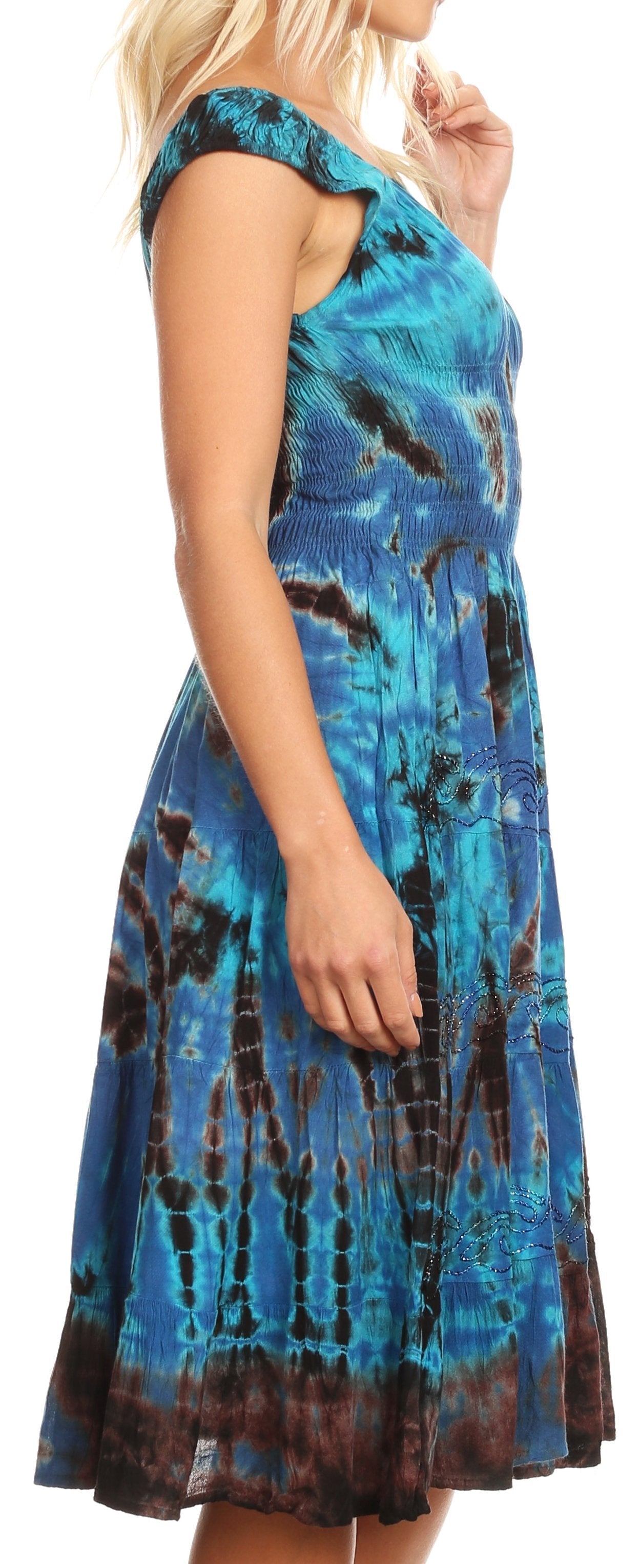 Blue tie-dye dress worn by a model