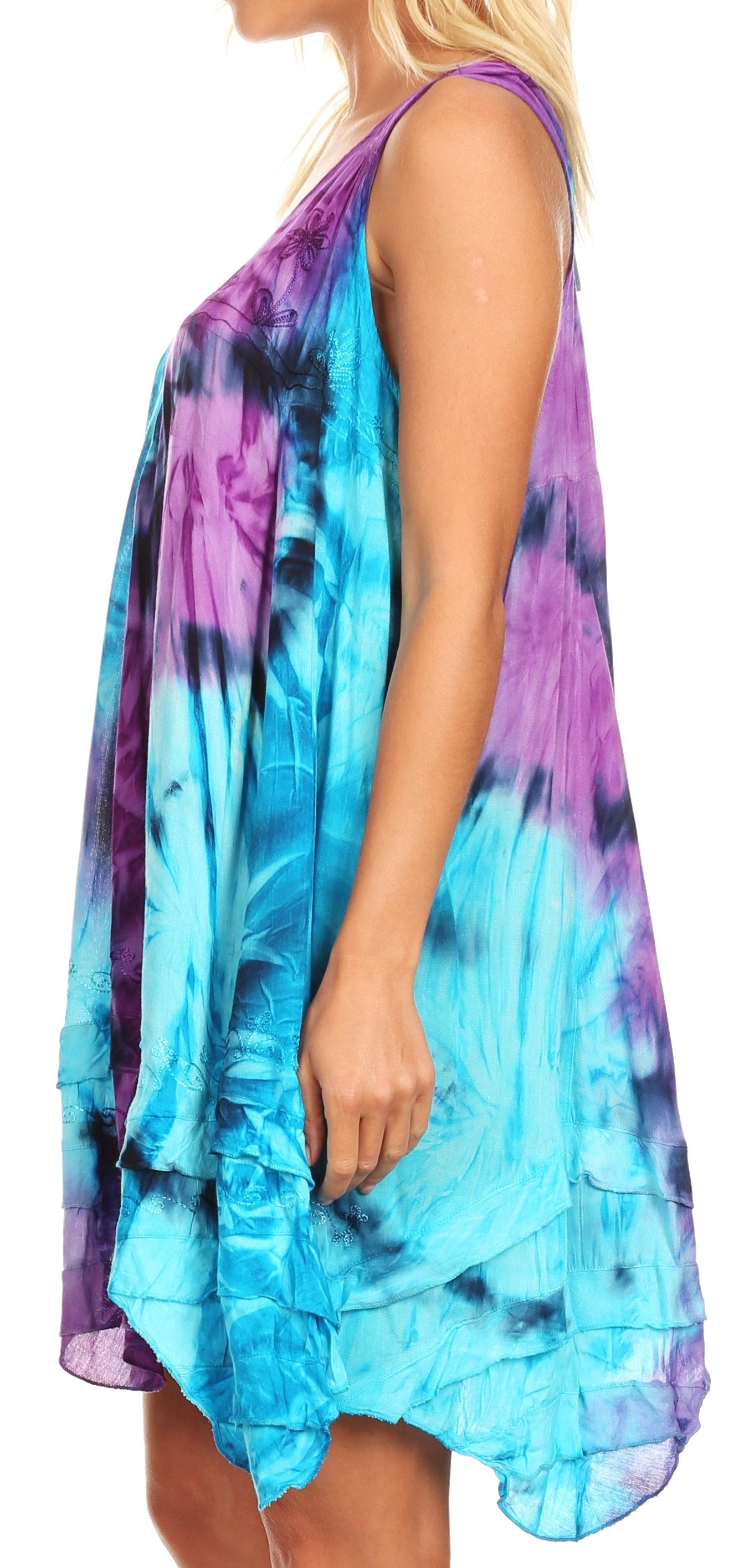 Tie-dye dress with blue and purple hues on a white background