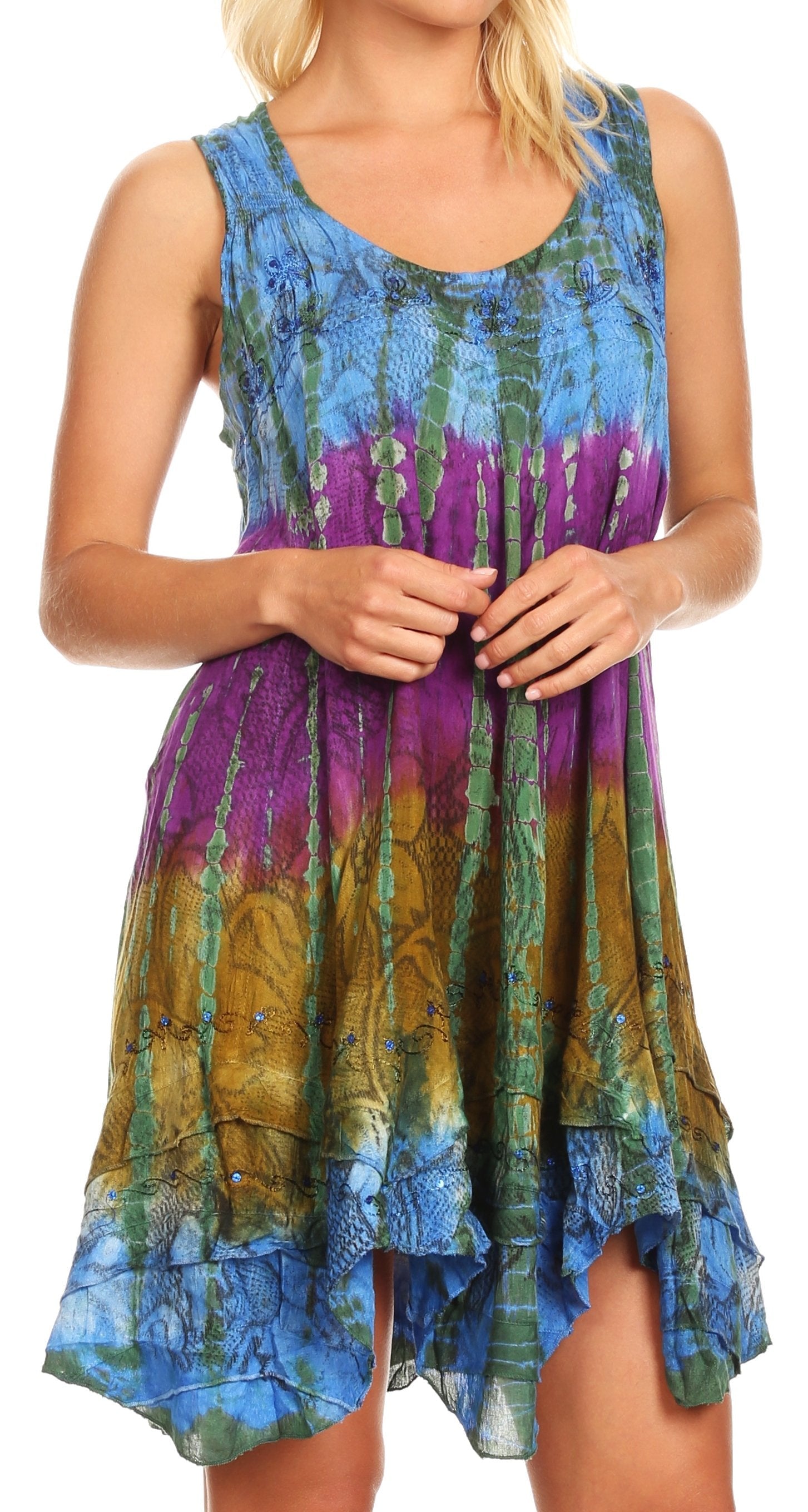 Multicolored tie-dye dress worn by a model on a white background