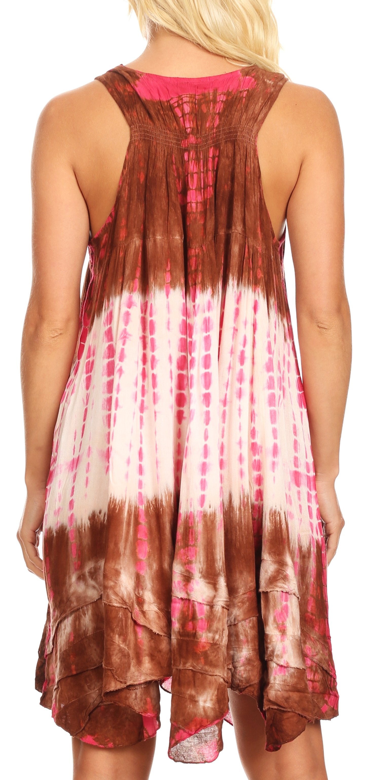 Tie-dye dress with brown, white, and pink pattern on a white background