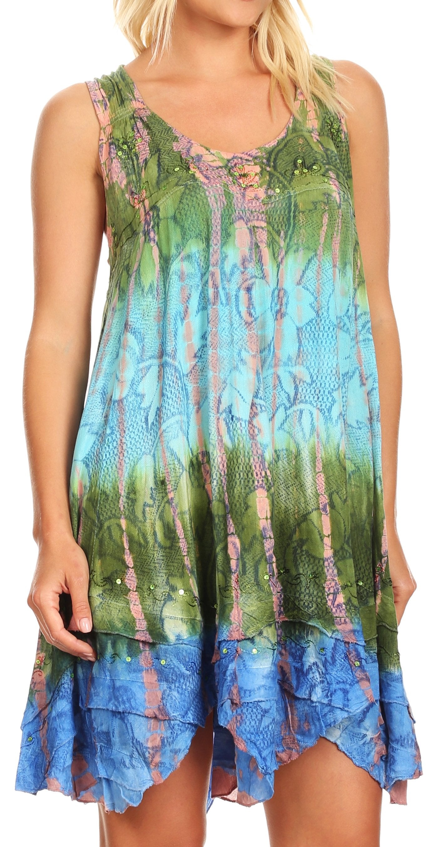 Multicolored sleeveless dress with a pattern on a white background