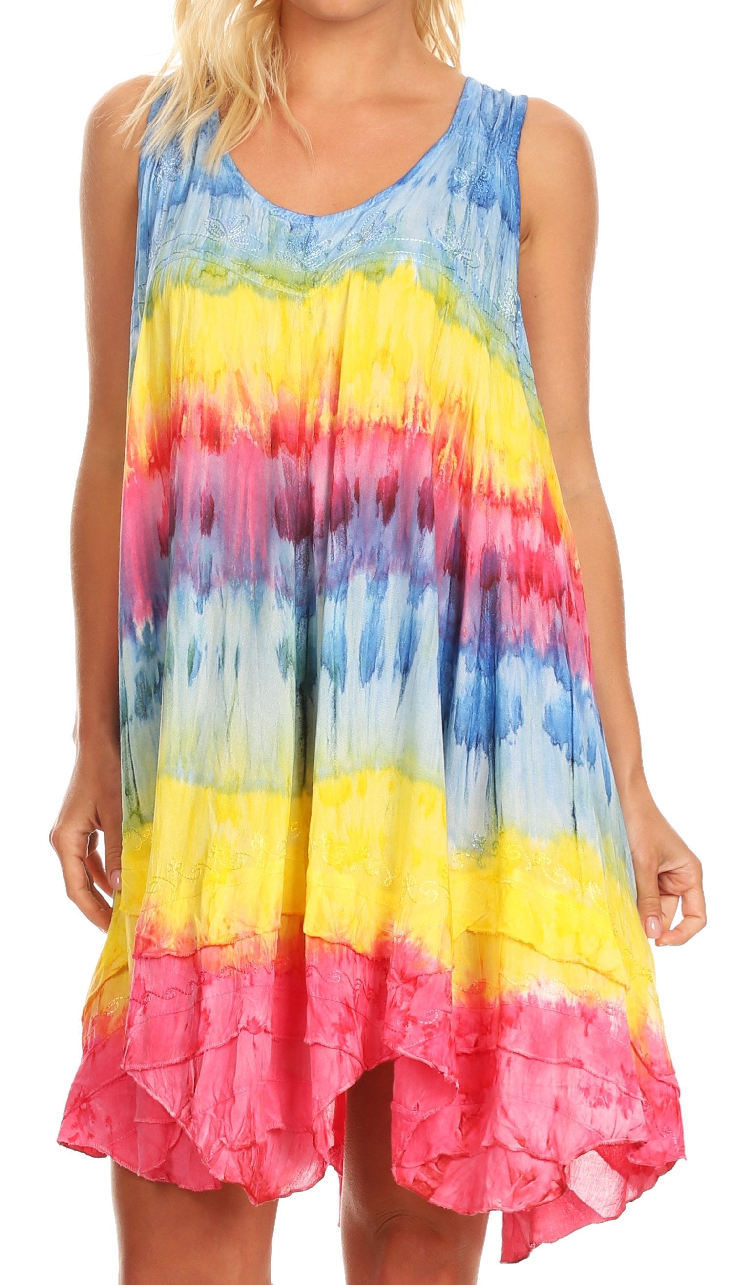 Colorful tie-dye dress with a gradient from blue to pink on a white background