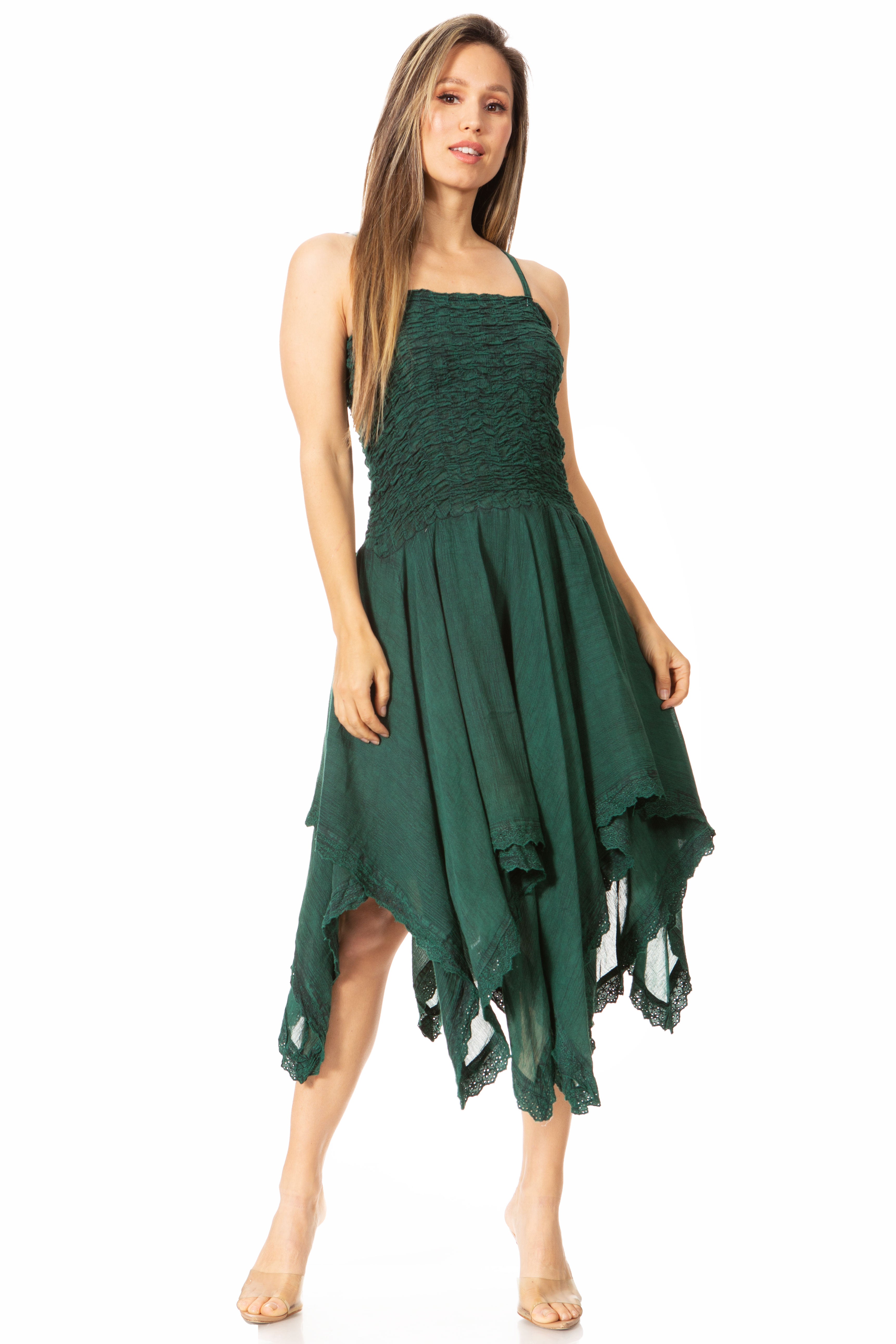 Woman wearing a green dress on a white background