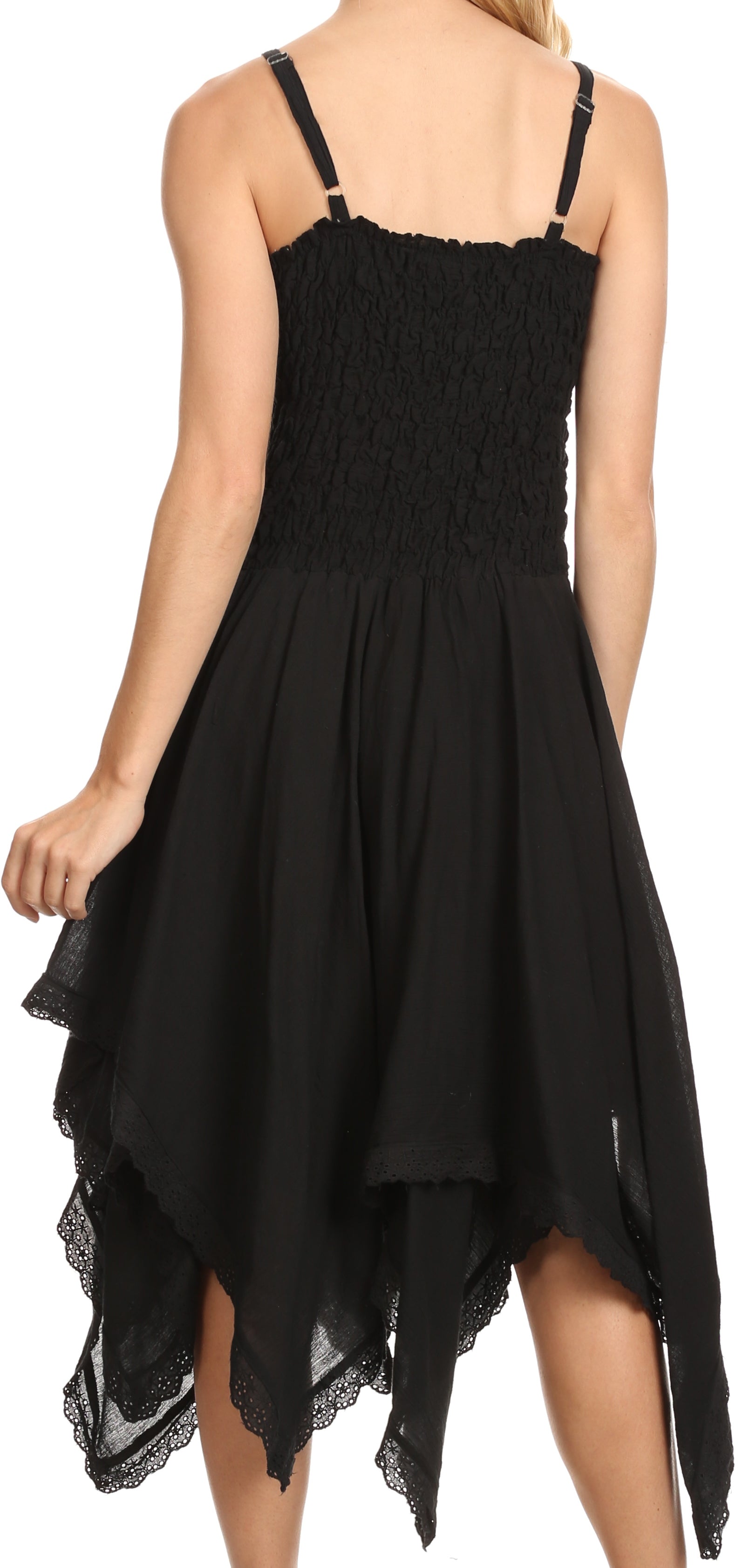 Black dress with lace details on a white background