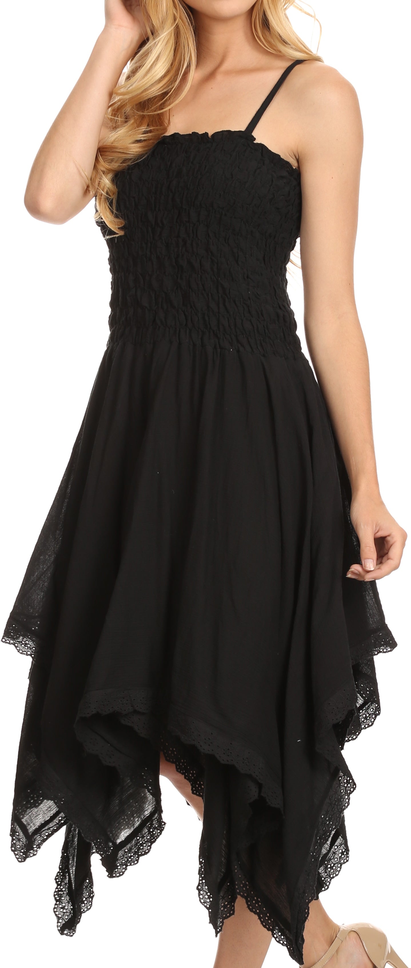 Black dress with lace details on a model against a white background