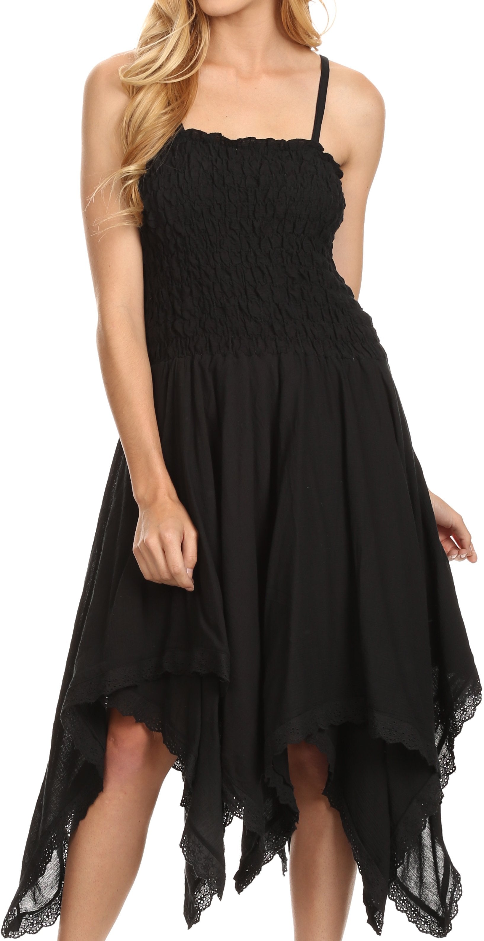 Black dress with a high-low hem on a white background