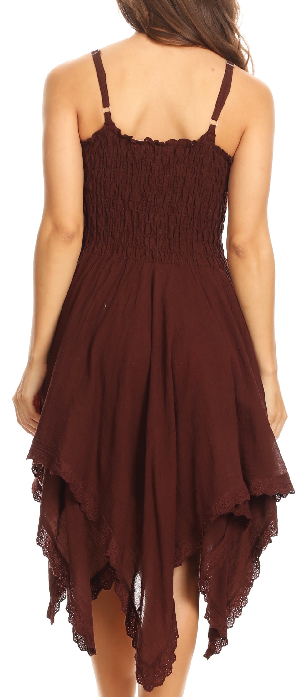 Brown dress with lace details on a white background