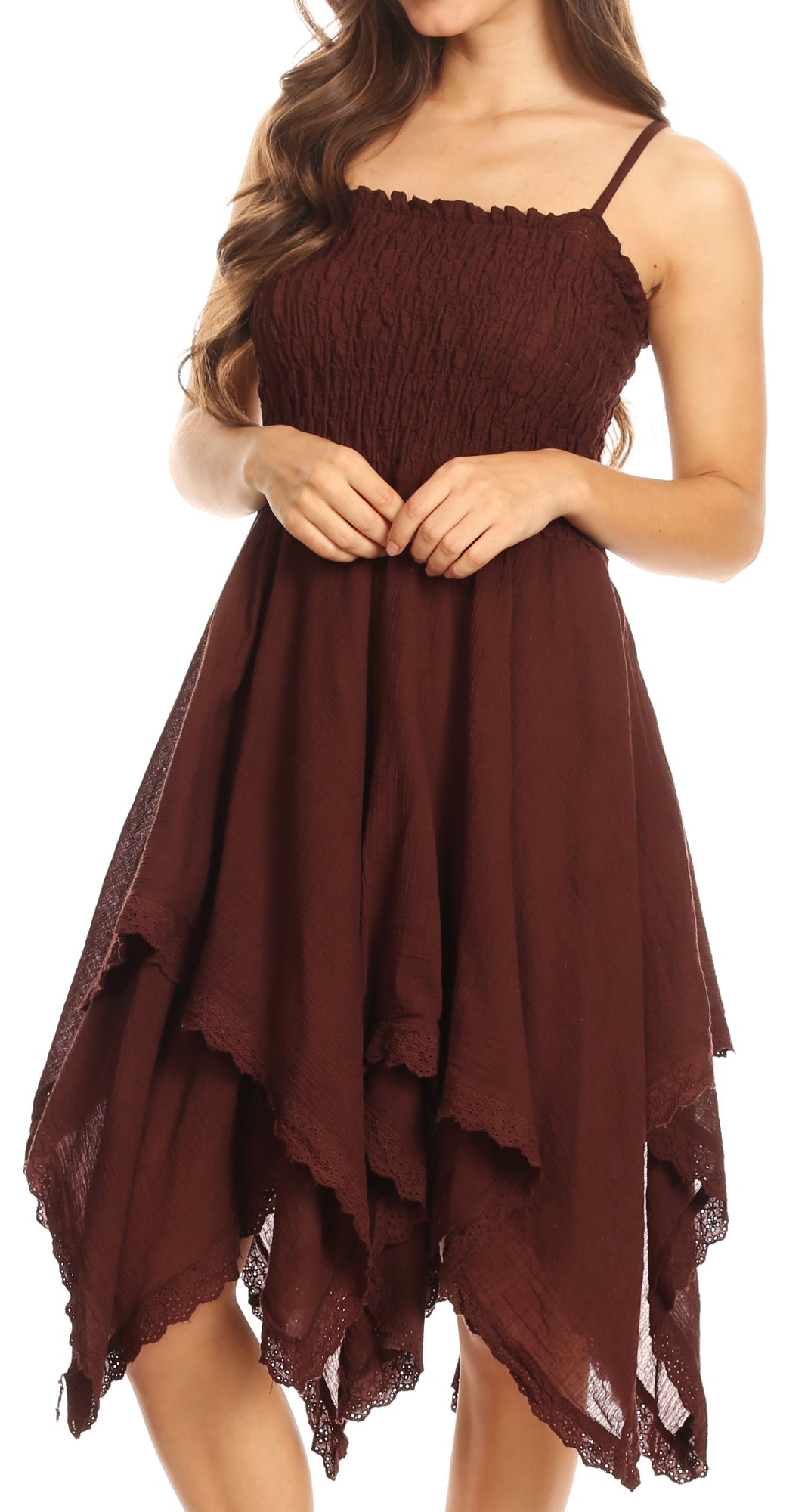Brown dress with lace details on a white background