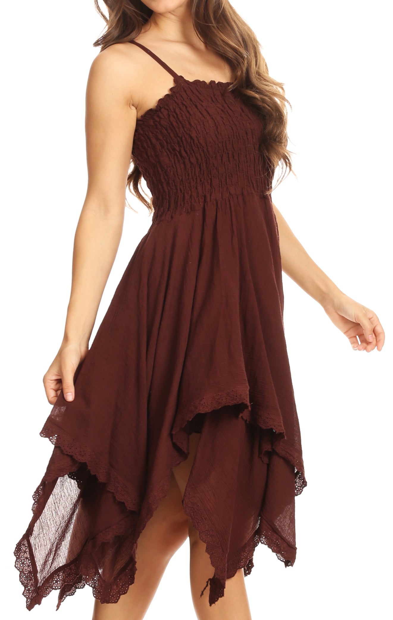 Brown dress with lace detail on a white background