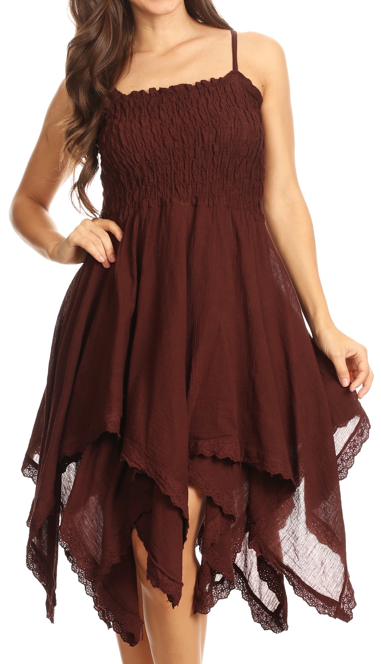 Brown dress with lace details on a white background