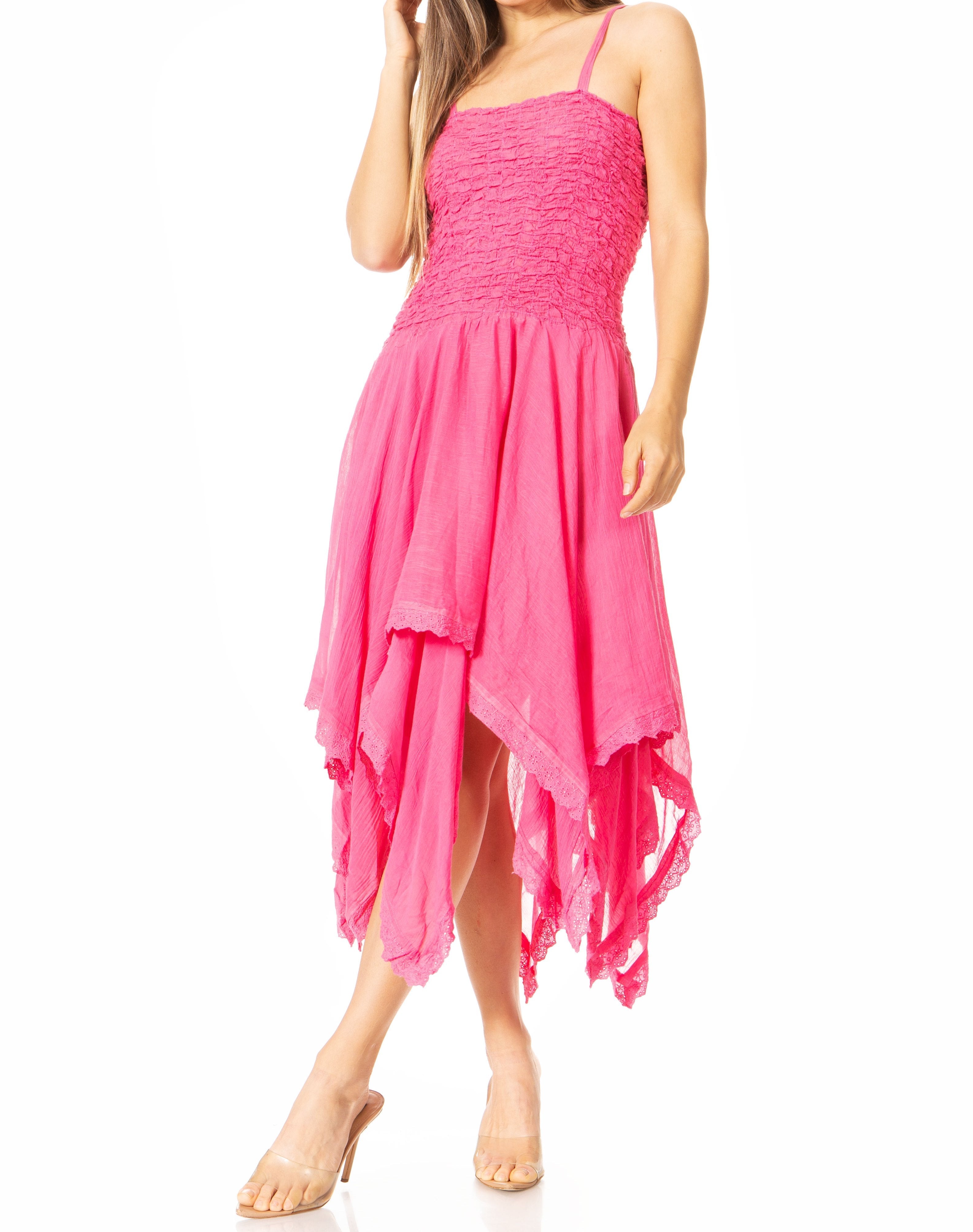 Pink dress with a smocked bodice and layered skirt on a white background
