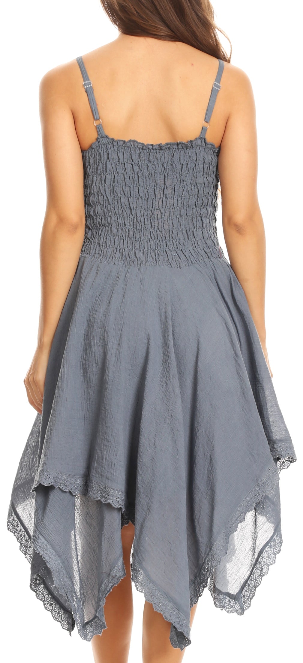 Gray smocked dress with lace trim on a white background
