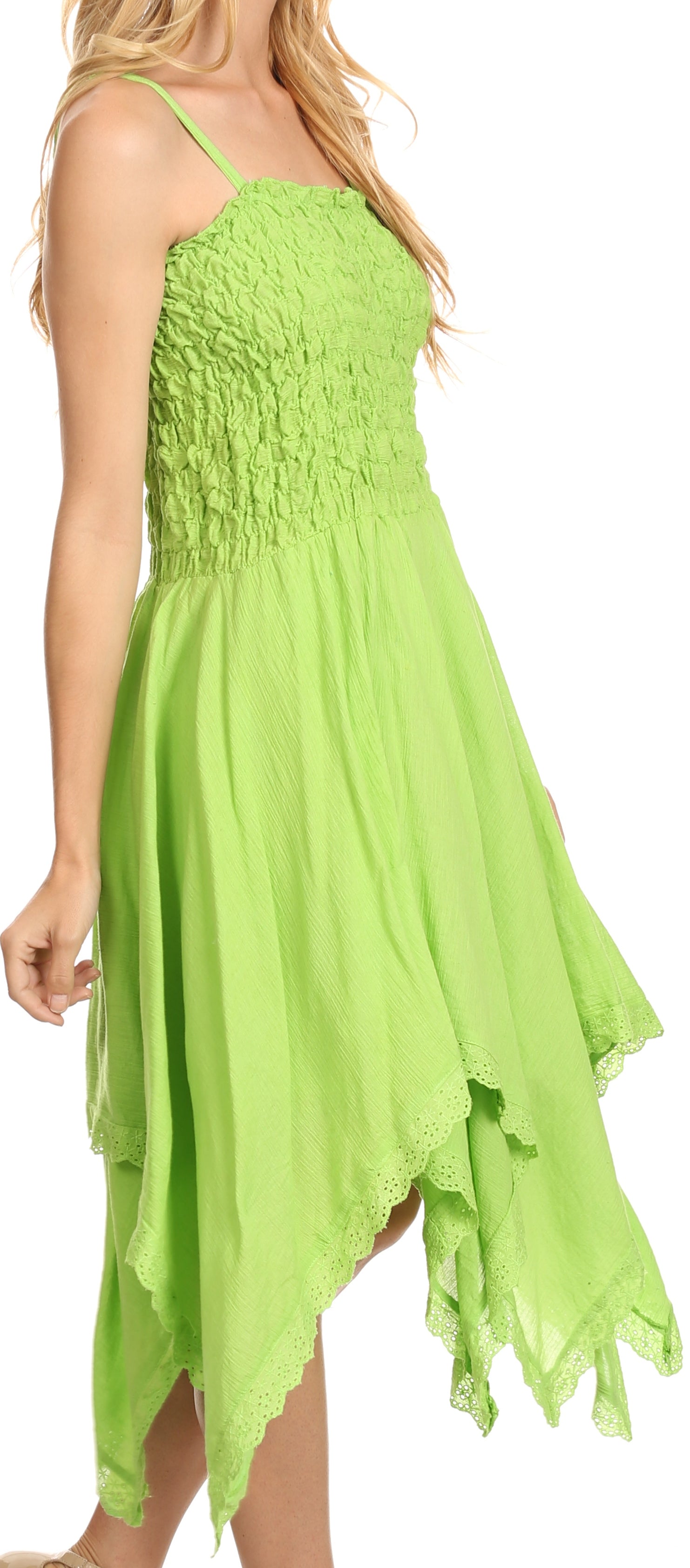 Lime green dress with ruffled top and flowing skirt on a white background