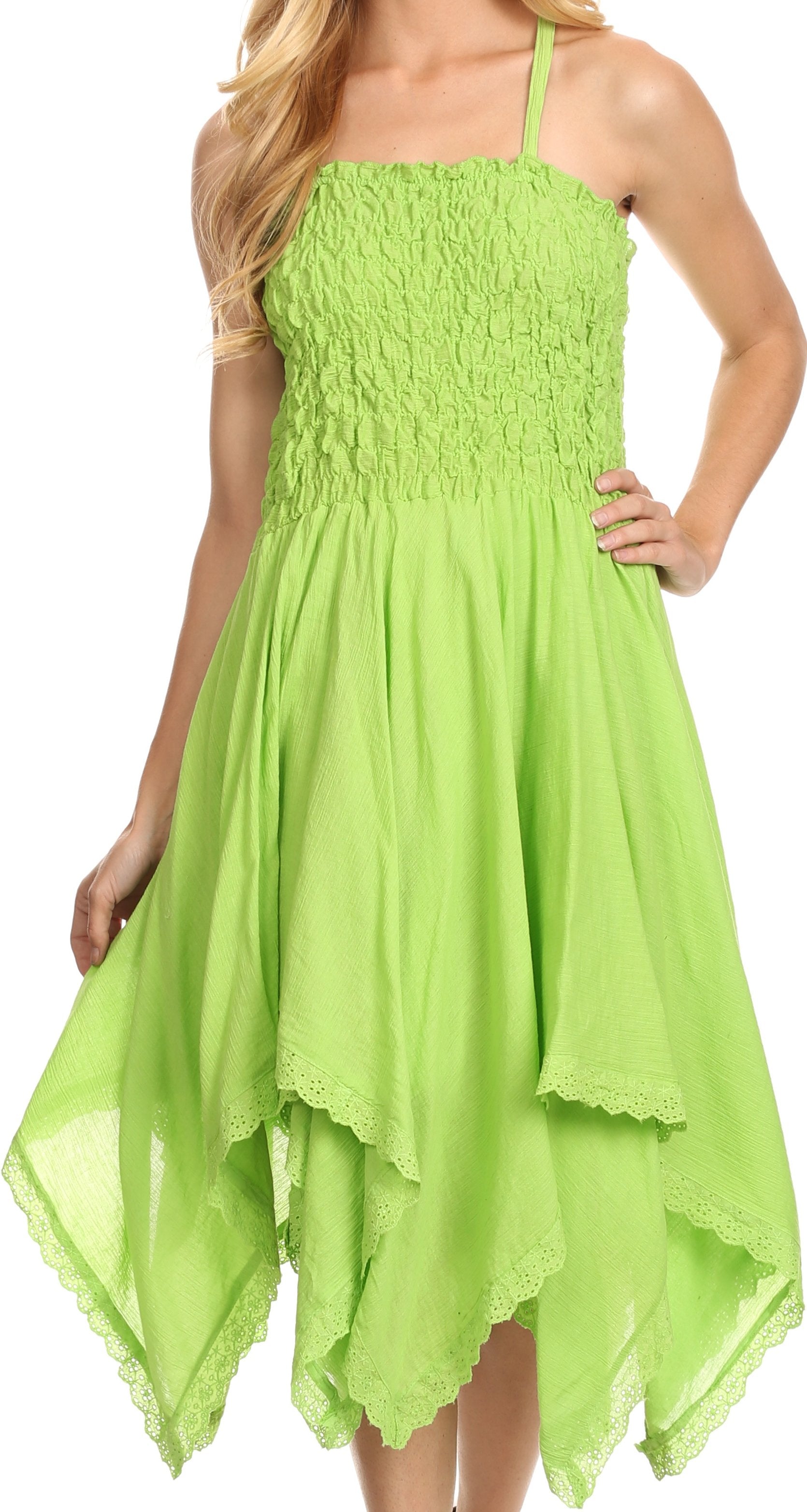 Woman wearing a green dress with a white background