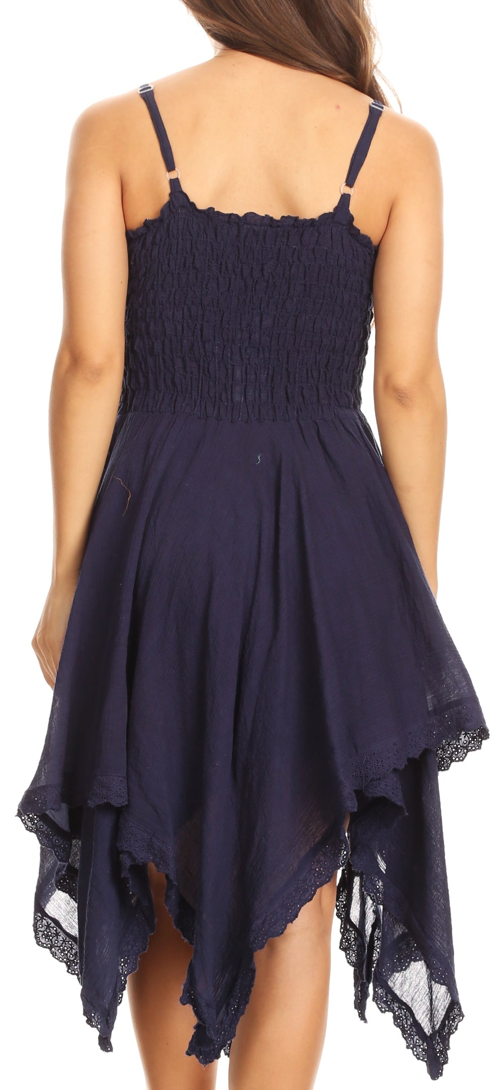 Navy blue dress with lace details on a white background